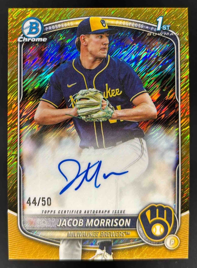 Card image for 2025 Bowman Draft Jacob Morrison Chrome Auto Gold Shimmer Refractor /50 1st