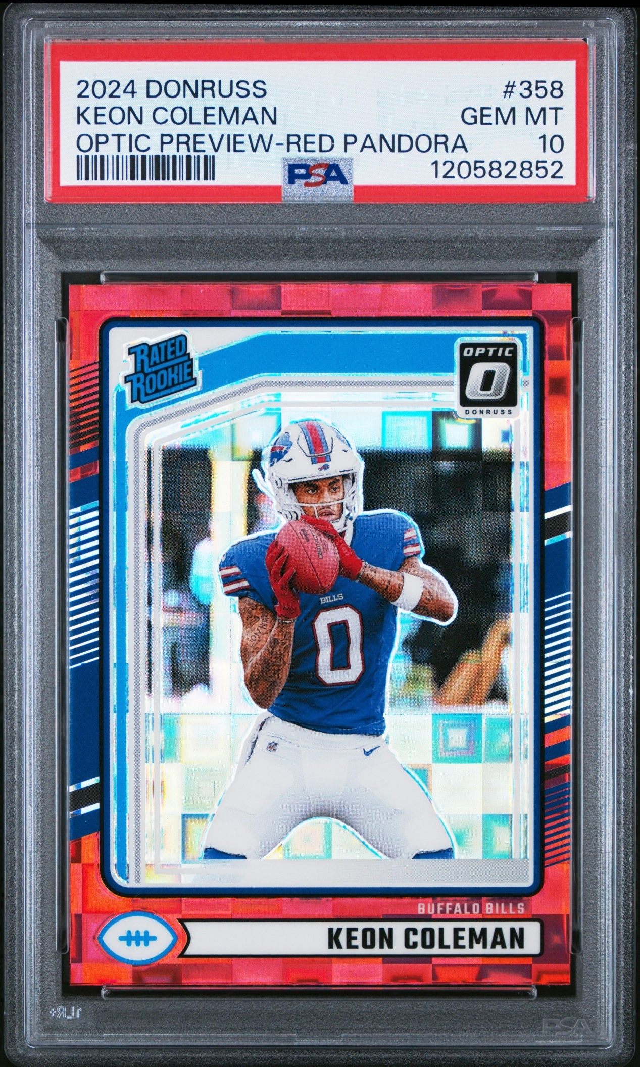 Card image for 2024 Panini Donruss Keon Coleman Optic Rated Rookie Preview Green Pandora /25 #358 Bills