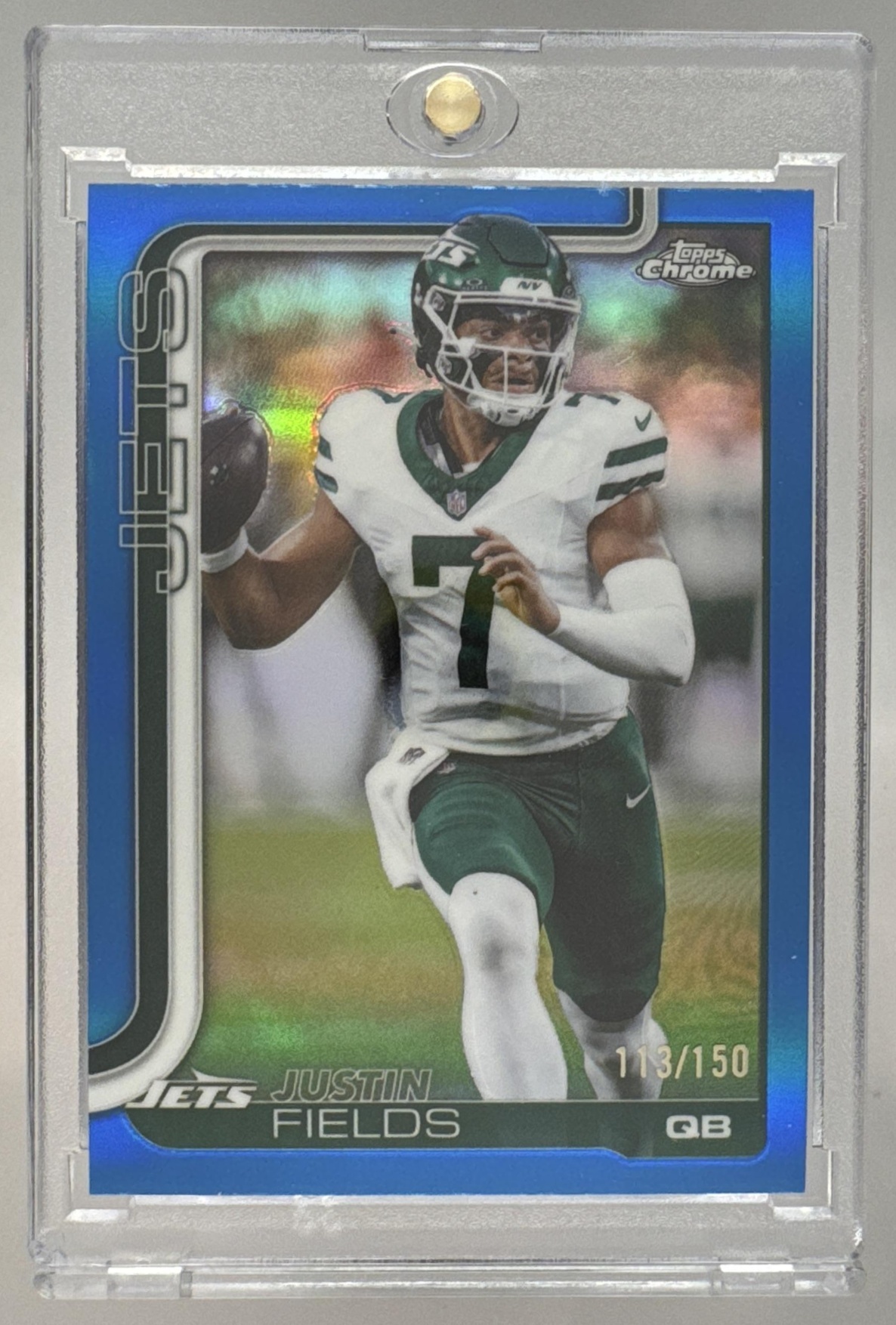 Card image for 2025 Topps Football Chrome Justin Fields Blue Refractor /150 #237 New York Jets
