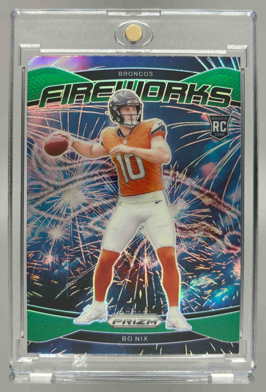 Card image for 2024 Panini Football Prizm Bo Nix Fireworks Green #23 RC Denver Broncos