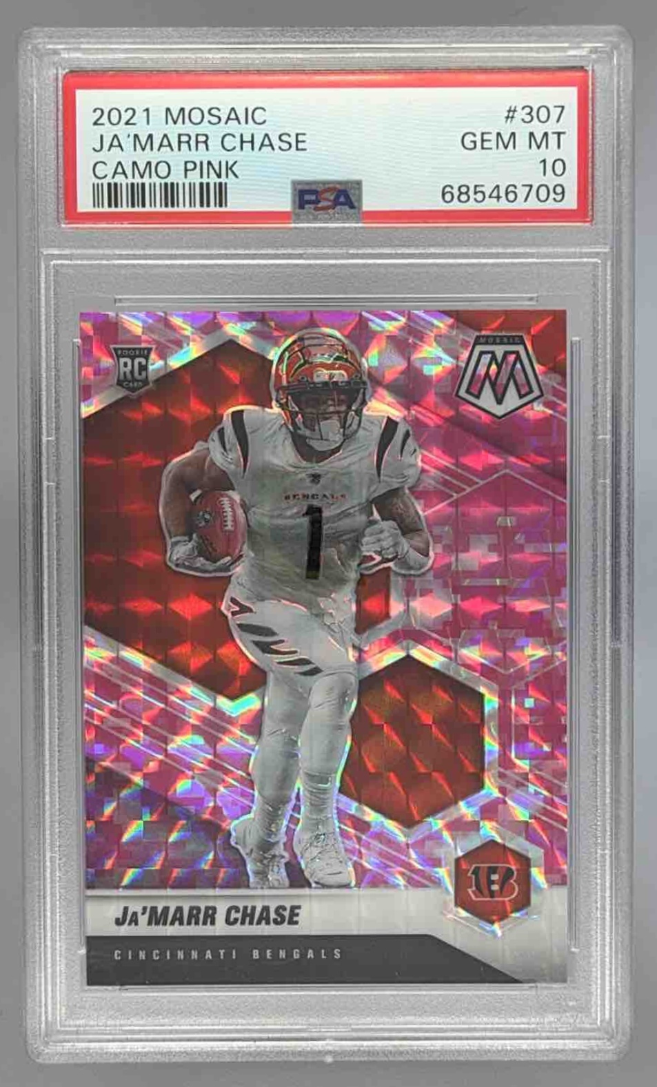 Card image for 2021 Panini Mosaic Ja'Marr Chase Prizm Camo Pink #307 RC Bengals