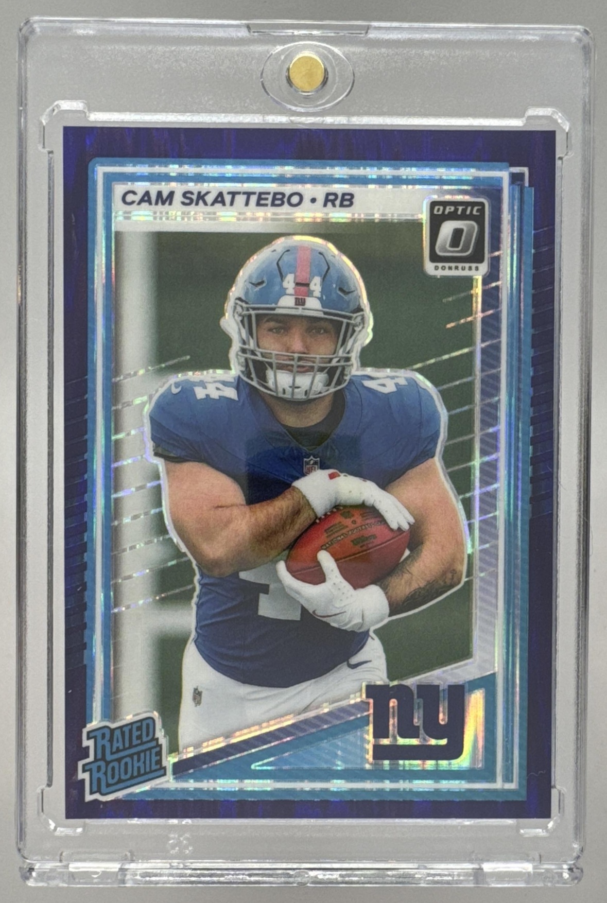 Card image for 2025 Panini Donruss Optic Cam Skattebo Rated Rookie Purple Shock Prizm #228 Giants