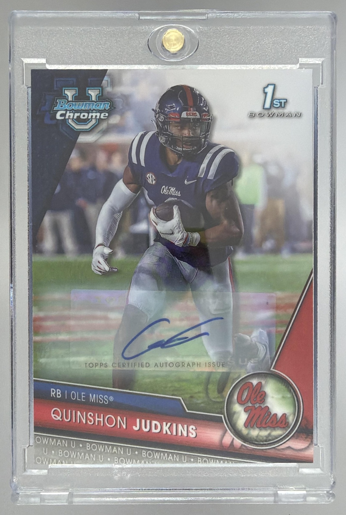Card image for 2023 Bowman University Chrome Quinshon Judkins Prospect Auto #135 Rebels