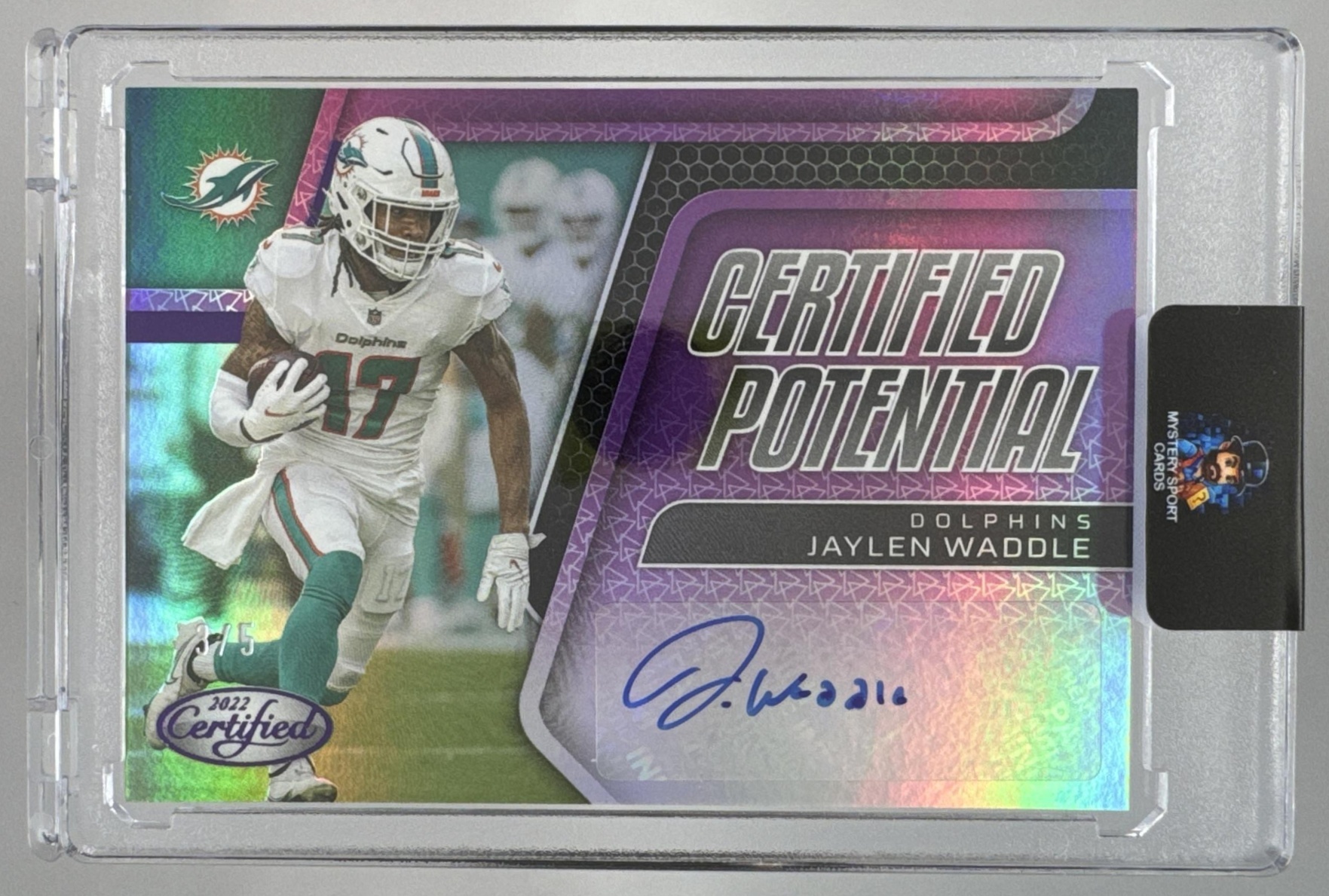Card image for 2022 Panini Certified Jaylen Waddle Piece of the Game Signatures Green /5 #PGS-JWA MEM Auto Dolphins