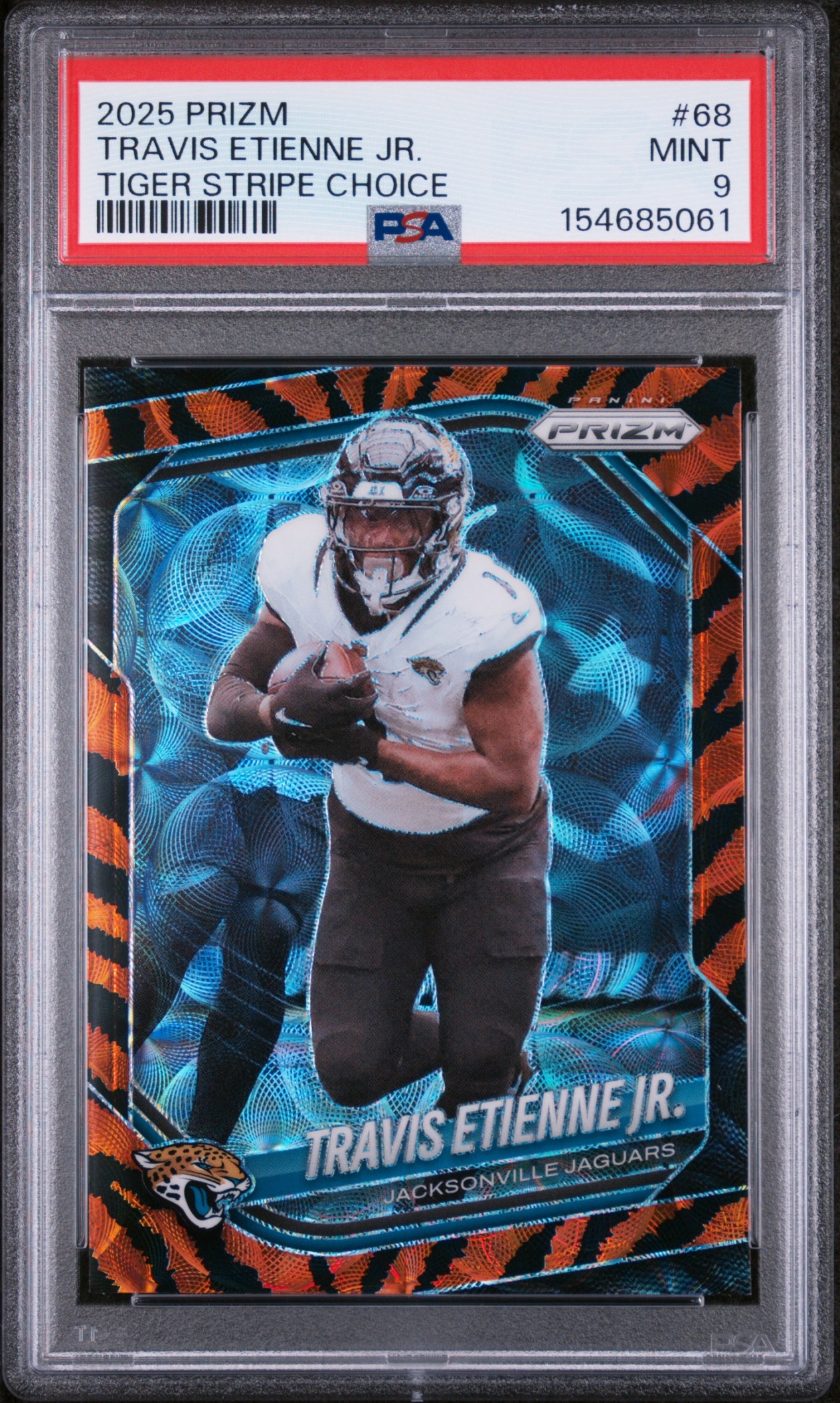 Card image for 2025 Panini Prizm Travis Etienne Jr. Choice Tiger Stripe #68 Jaguars