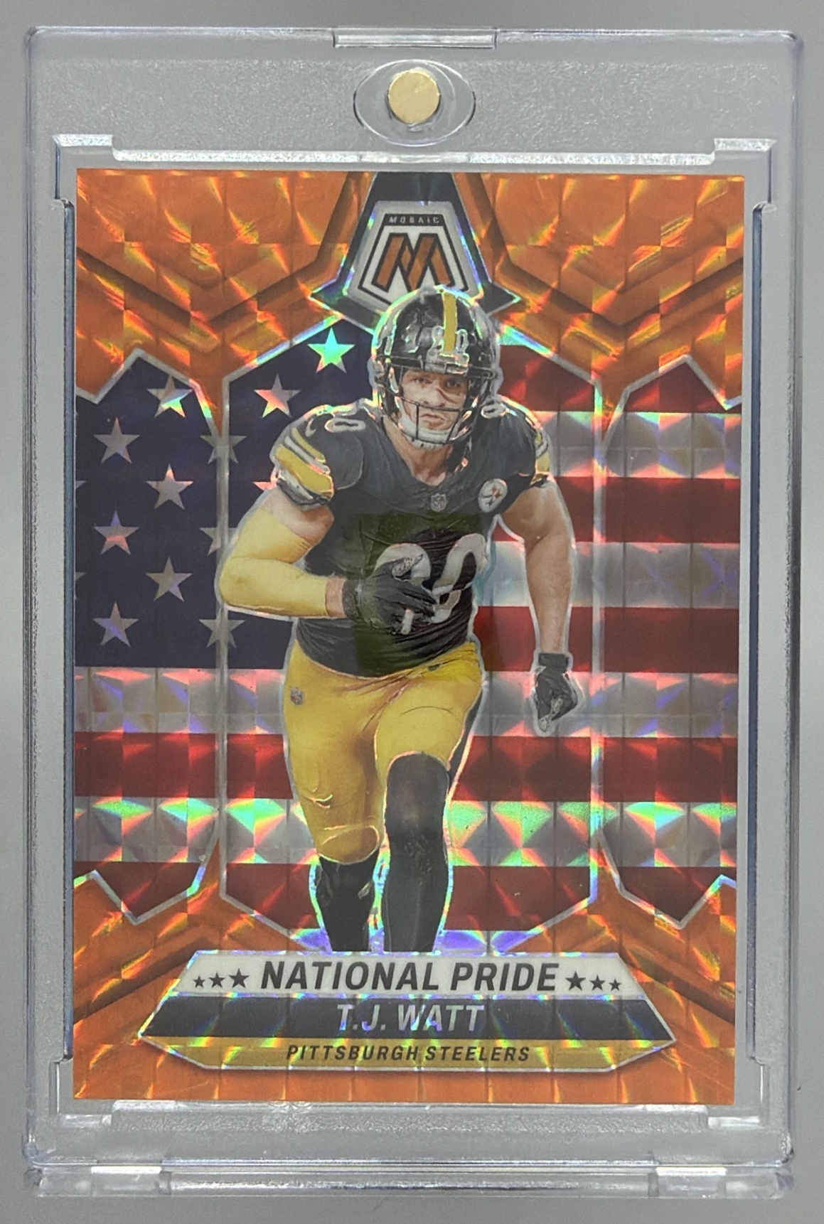 Card image for 2024 Panini Mosaic T.J. Watt Orange Prizm /199 #266 National Pride Steelers