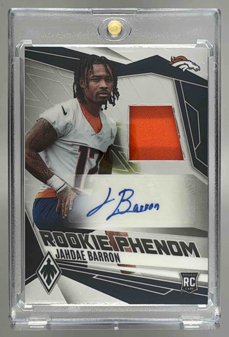 Card image for 2025 Panini Phoenix Jahdae Barron Rookie Phenoms Jersey Auto /249 #11 MEM RC Broncos