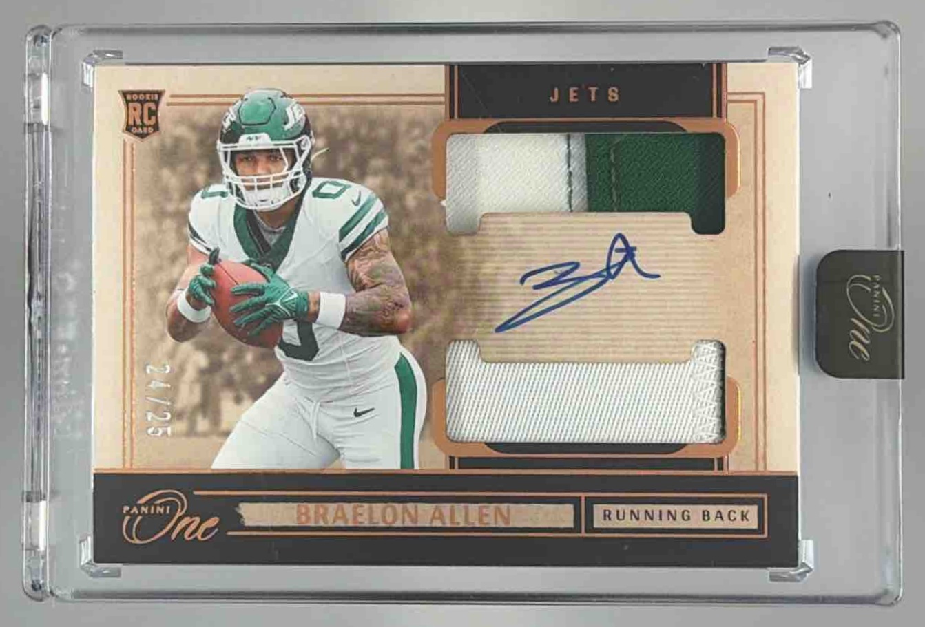 Card image for 2024 Panini One Braelon Allen Rookie Dual Patch Auto Bronze /25 #43 MEM RC Jets