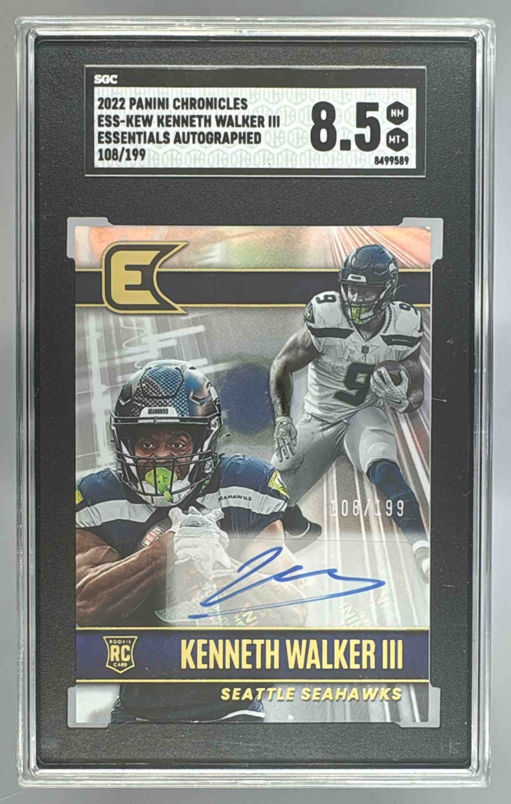 Card image for 2022 Panini Chronicles Kenneth Walker III Essentials Auto /199 #ESS-KEW RC Seahawks