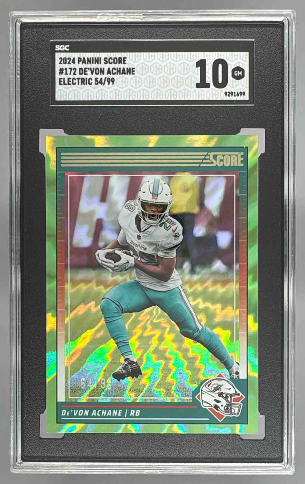Card image for 2024 Panini Football Score De'Von Achane Electric /99 #172 Miami Dolphins