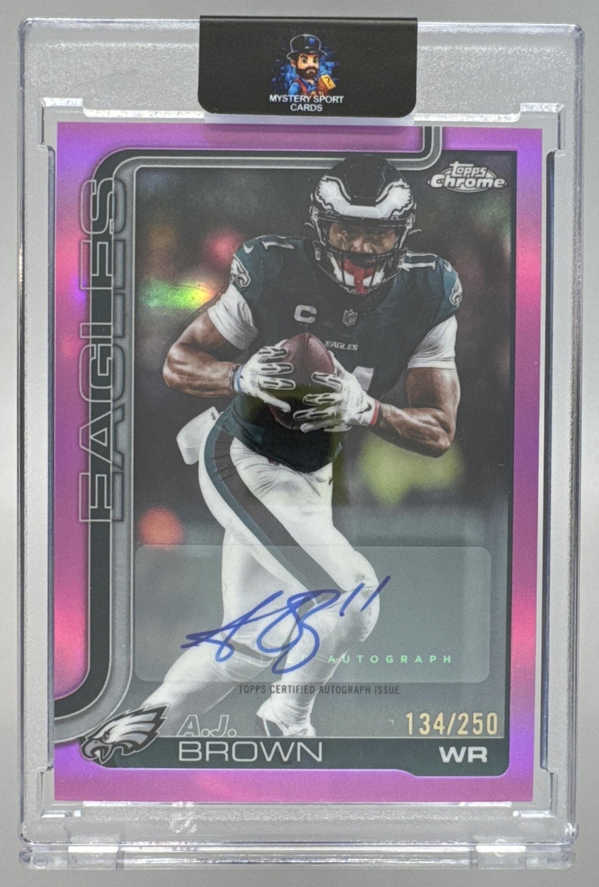 Card image for 2025 Topps Chrome A.J. Brown Auto Pink Lava Refractor /250 #BA-AB Eagles