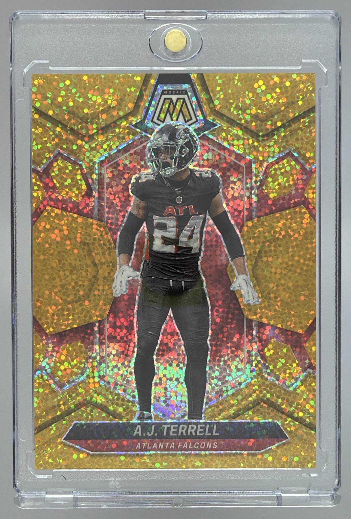 Card image for 2024 Panini Mosaic A.J. Terrell Gold Sparkle Prizm /24 #12 Falcons