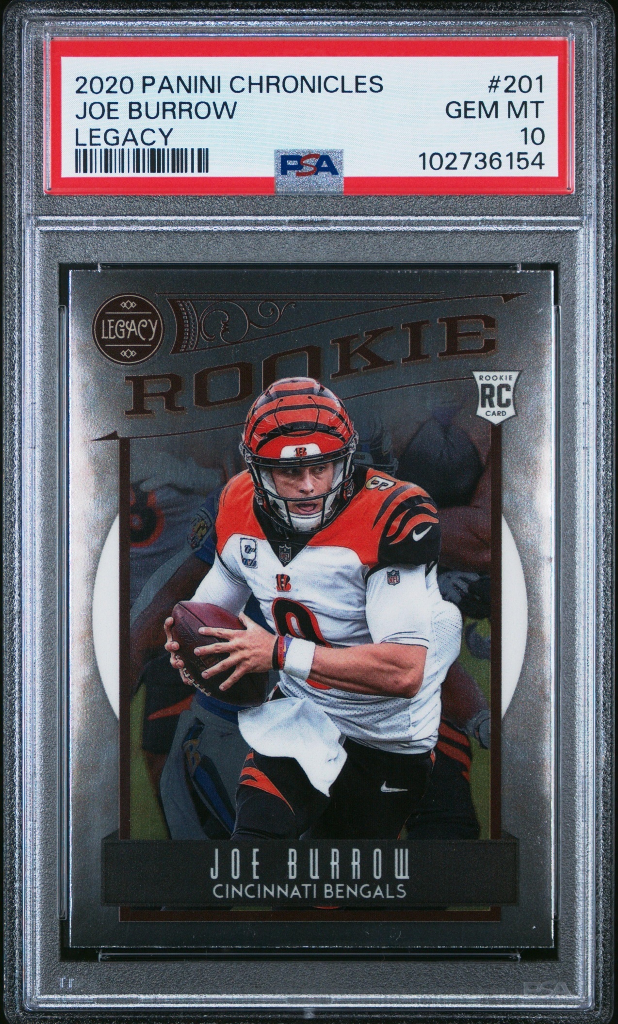 Card image for 2020 Panini Chronicles Joe Burrow Legacy Update Rookies Black 1/1 #201 RC Bengals