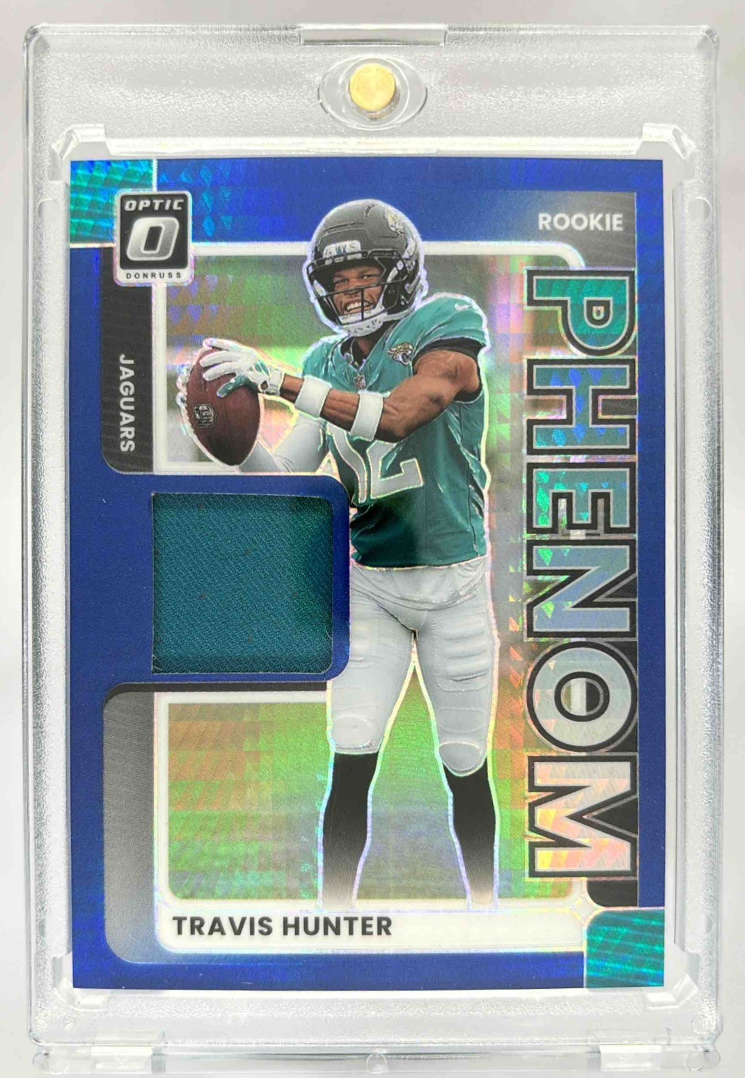 Card image for 2025 Panini Donruss Optic Travis Hunter Rookie Phenoms #RPBH-THR MEM RC Jaguars