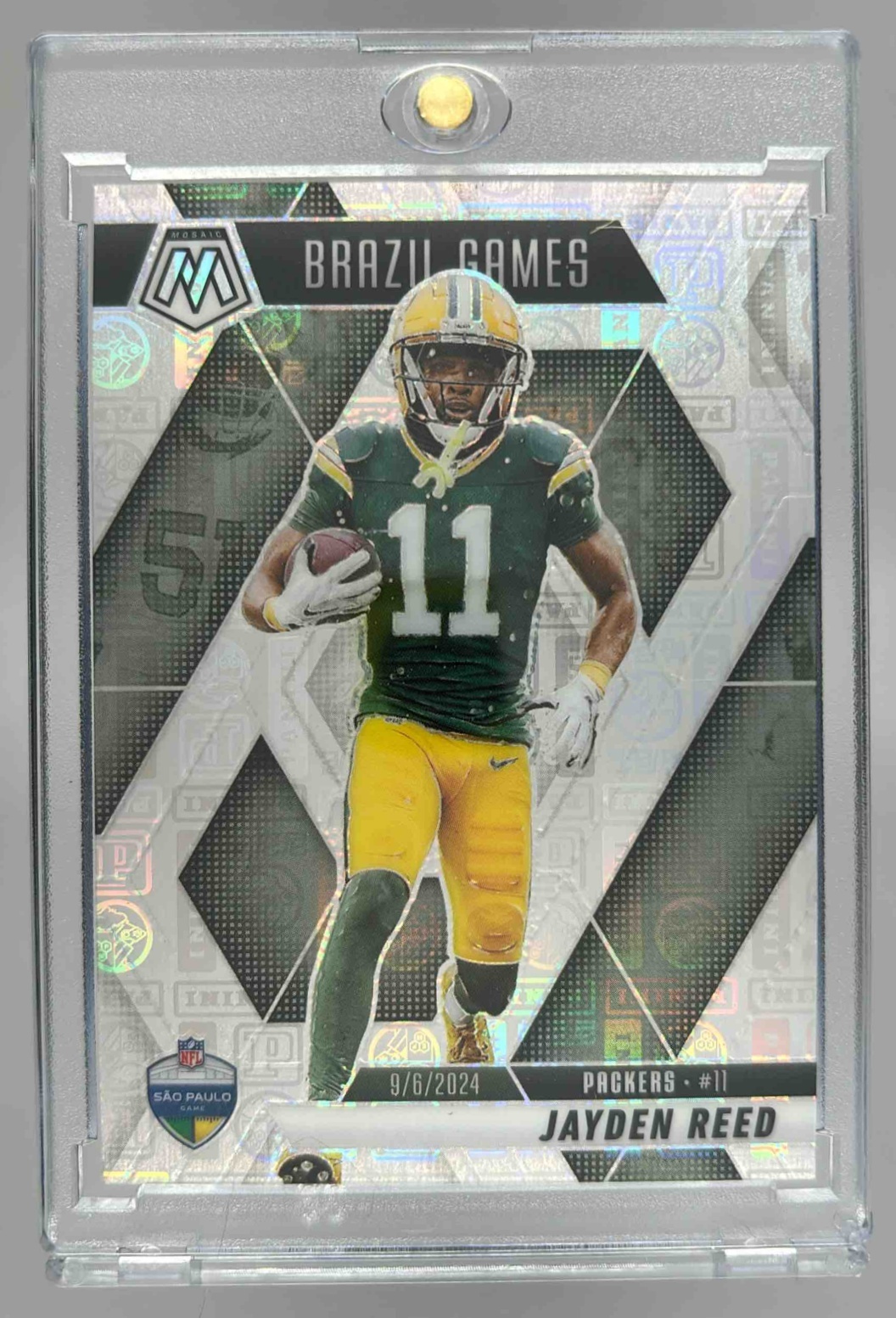 Card image for 2025 Panini Mosaic Jayden Reed International Games Silver Knight Prizm /149 #264 Packers