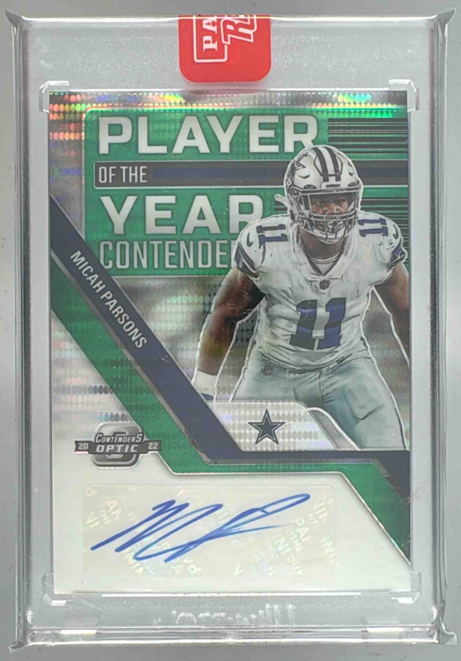 Card image for 2022 Panini Contenders Optic Micah Parsons Player of the Year Auto Green Pulsar /30 #POYA-MP Cowboys