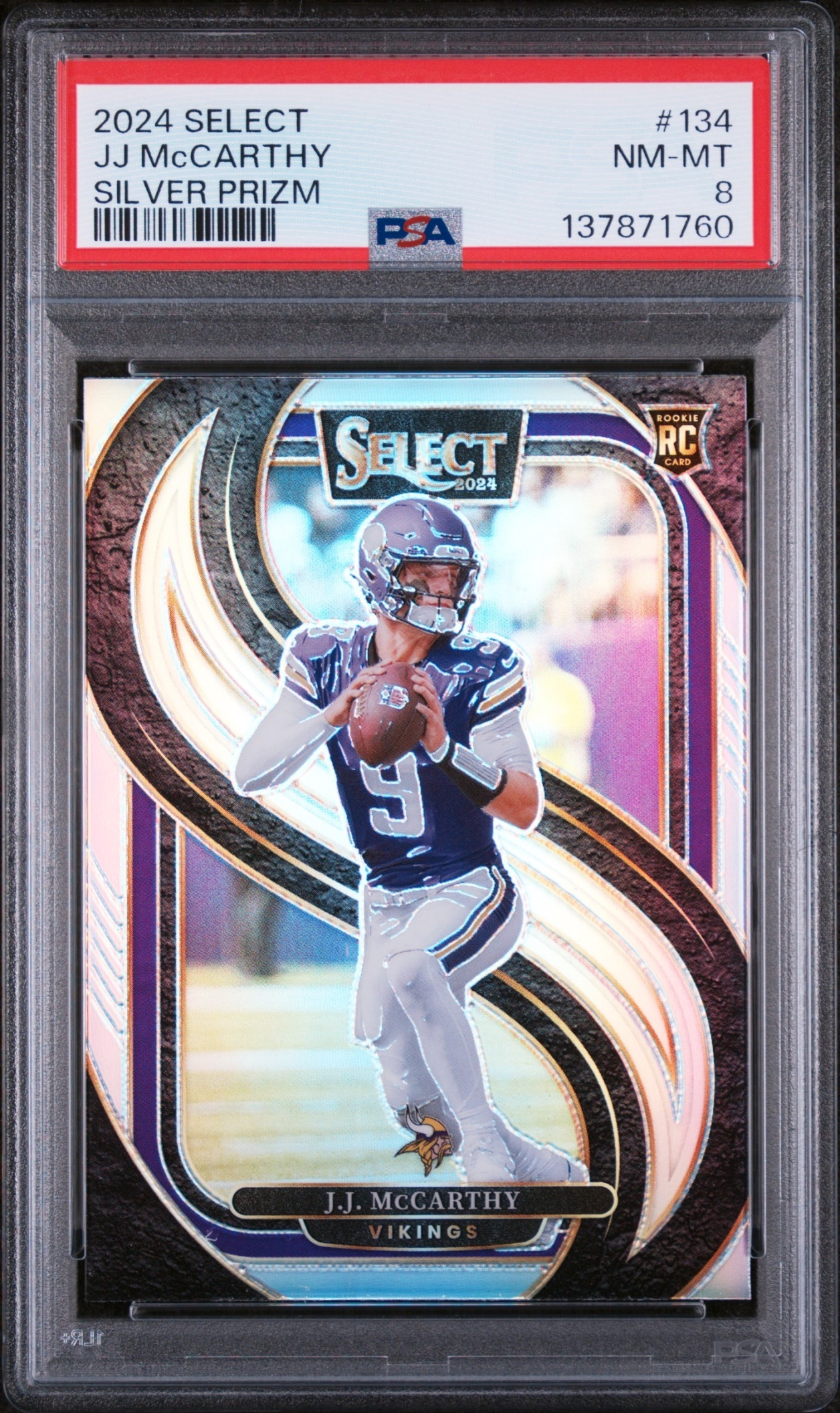 Card image for 2024 Panini Select J.J. McCarthy Premier Silver Prizm #134 RC Vikings