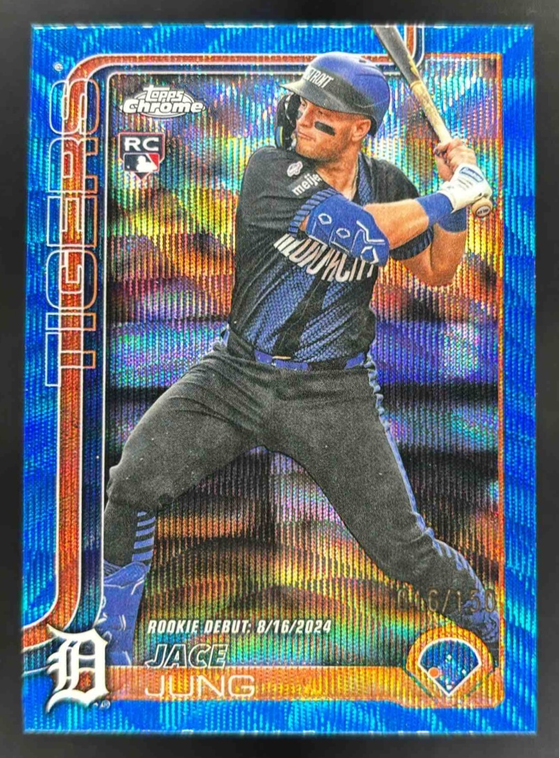 Card image for 2025 Topps Chrome Update Jace Jung Blue Wave Refractor /150 #USC121 RC Tigers