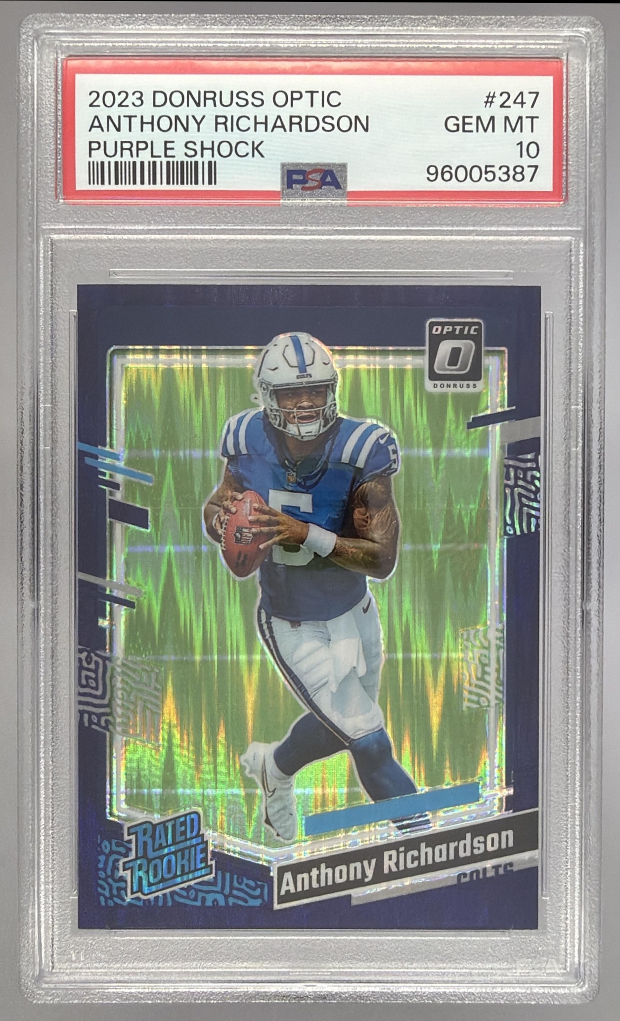 Card image for 2023 Panini Donruss Optic Anthony Richardson Purple Shock Prizm #247 RC Rated Rookie Colts