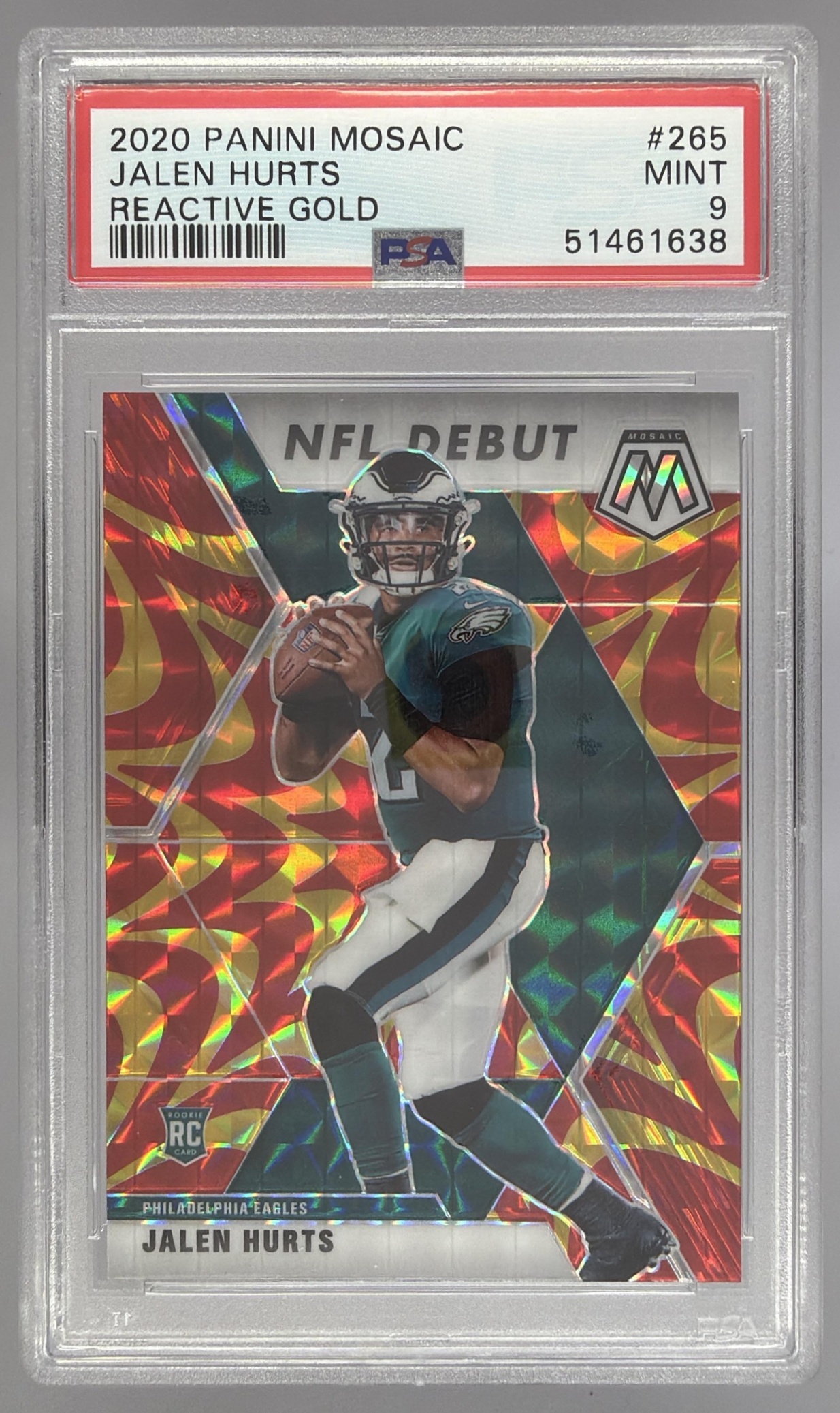 Card image for 2020 Panini Mosaic Jalen Hurts Prizm Reactive Gold #265 RC Eagles
