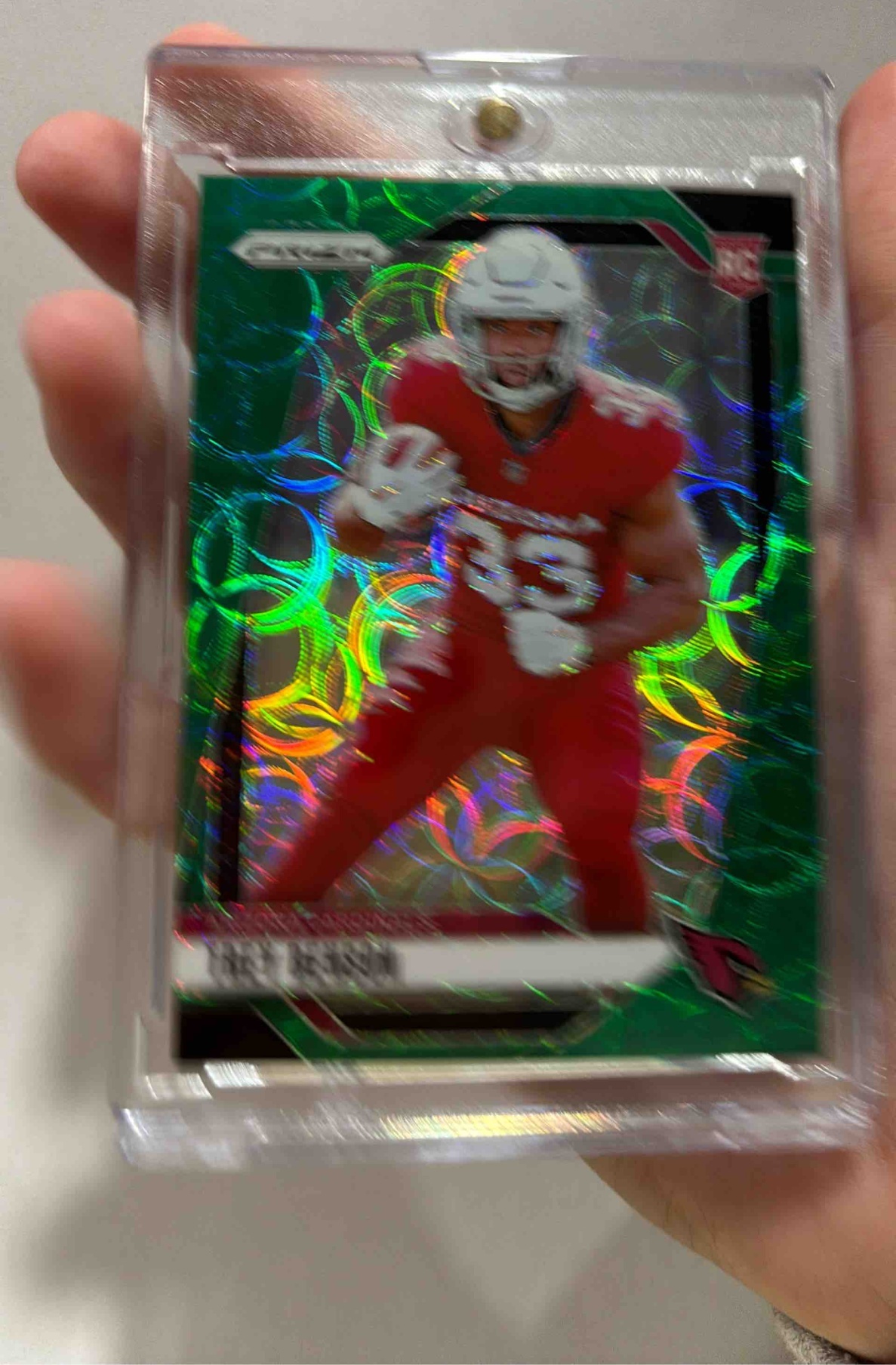 Card image for 2024 Panini Prizm Trey Benson Auto Green Scope /75 #392 RC Cardinals