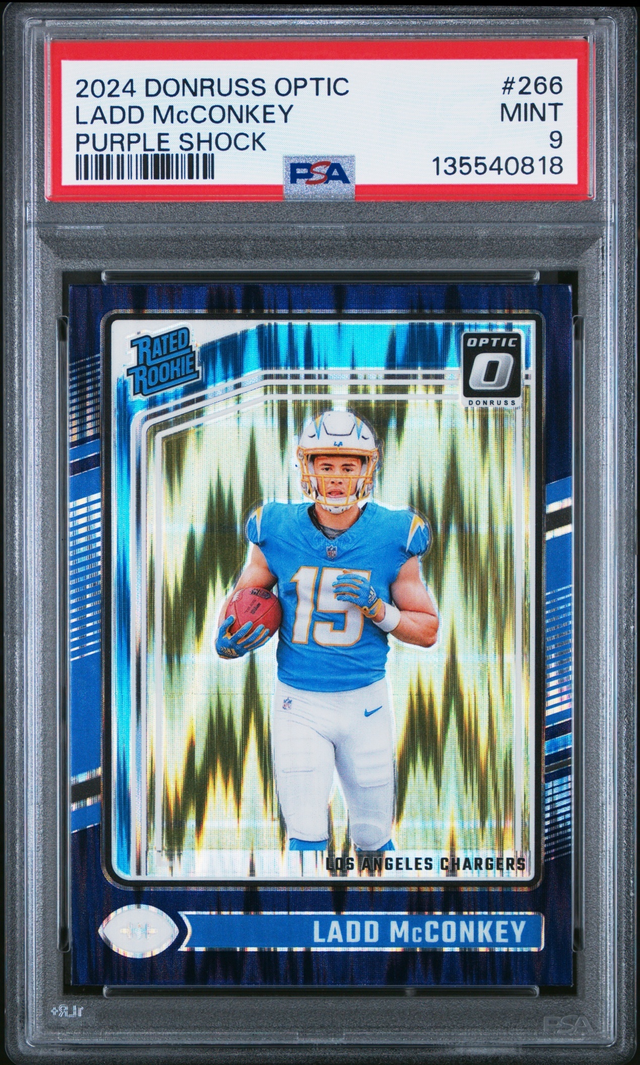 Card image for 2024 Panini Donruss Optic Ladd McConkey Purple Shock #266 Rated Rookie Chargers