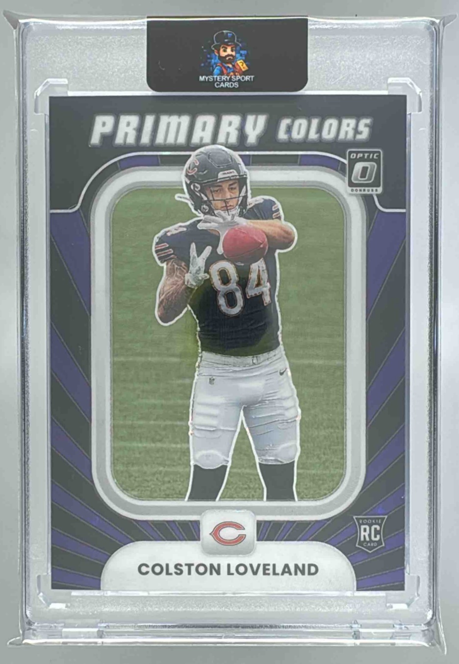Card image for 2025 Panini Donruss Optic Colston Loveland Primary Colors Purple Stars Prizm /25 #10 RC Bears
