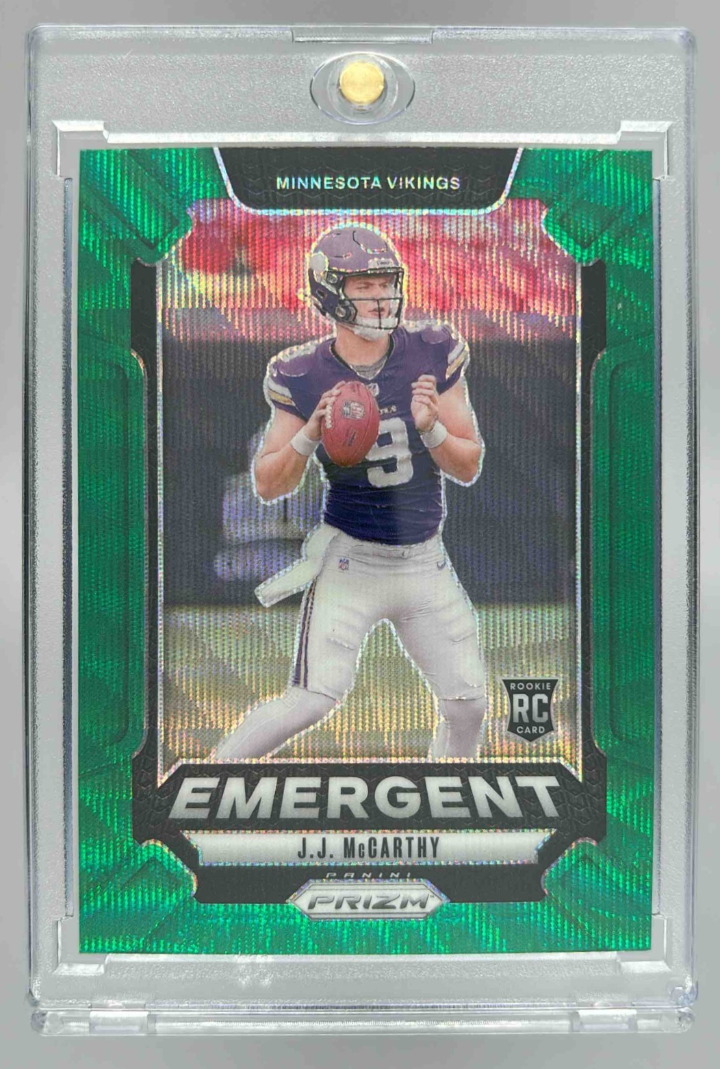 Card image for 2024 Panini Prizm J.J. McCarthy Emergent Green Wave #19 RC Vikings