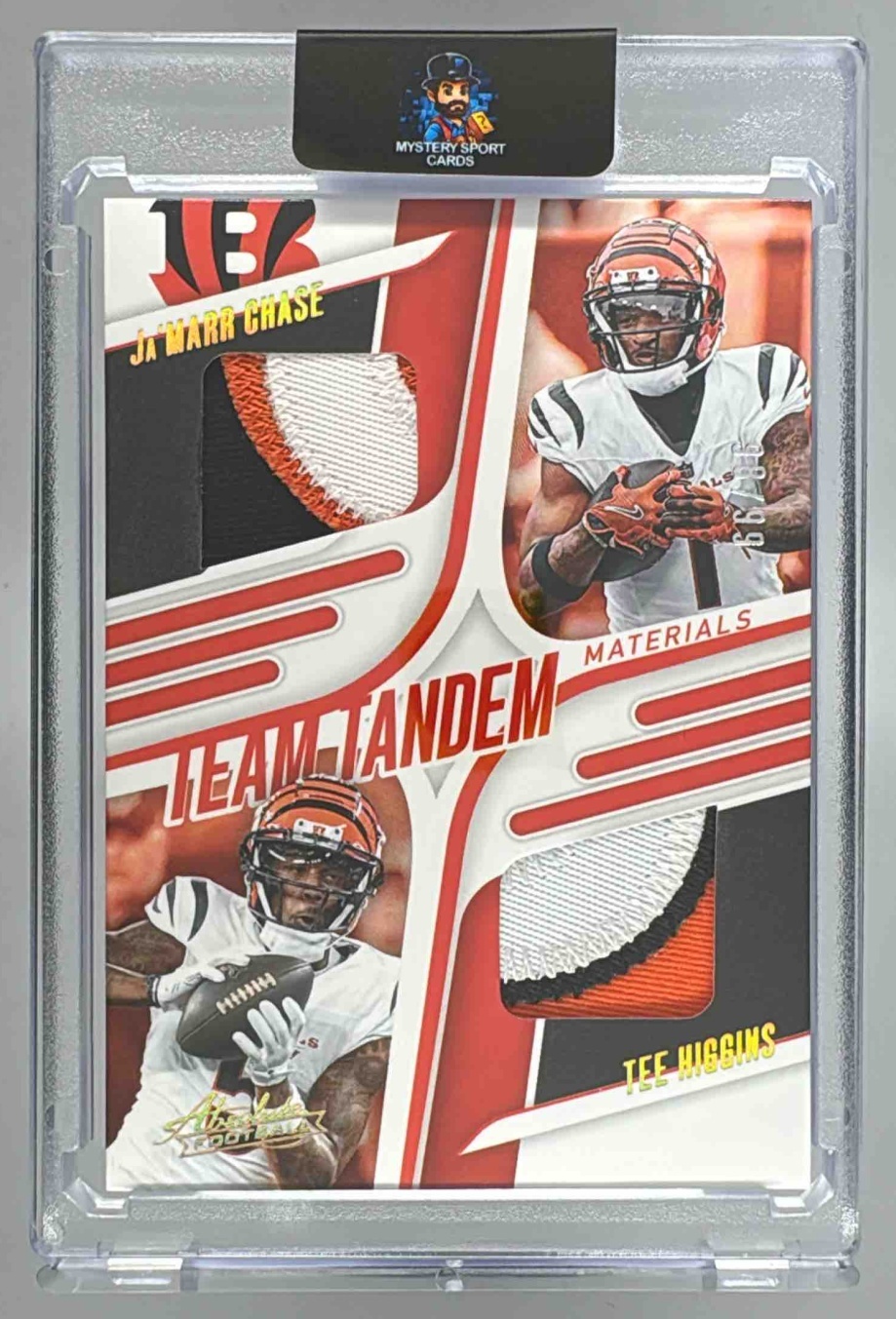 Card image for 2025 Panini Absolute Ja'Marr Chase Tee Higgins Team Tandem Materials Gold /99 #TTM-CIN Bengals
