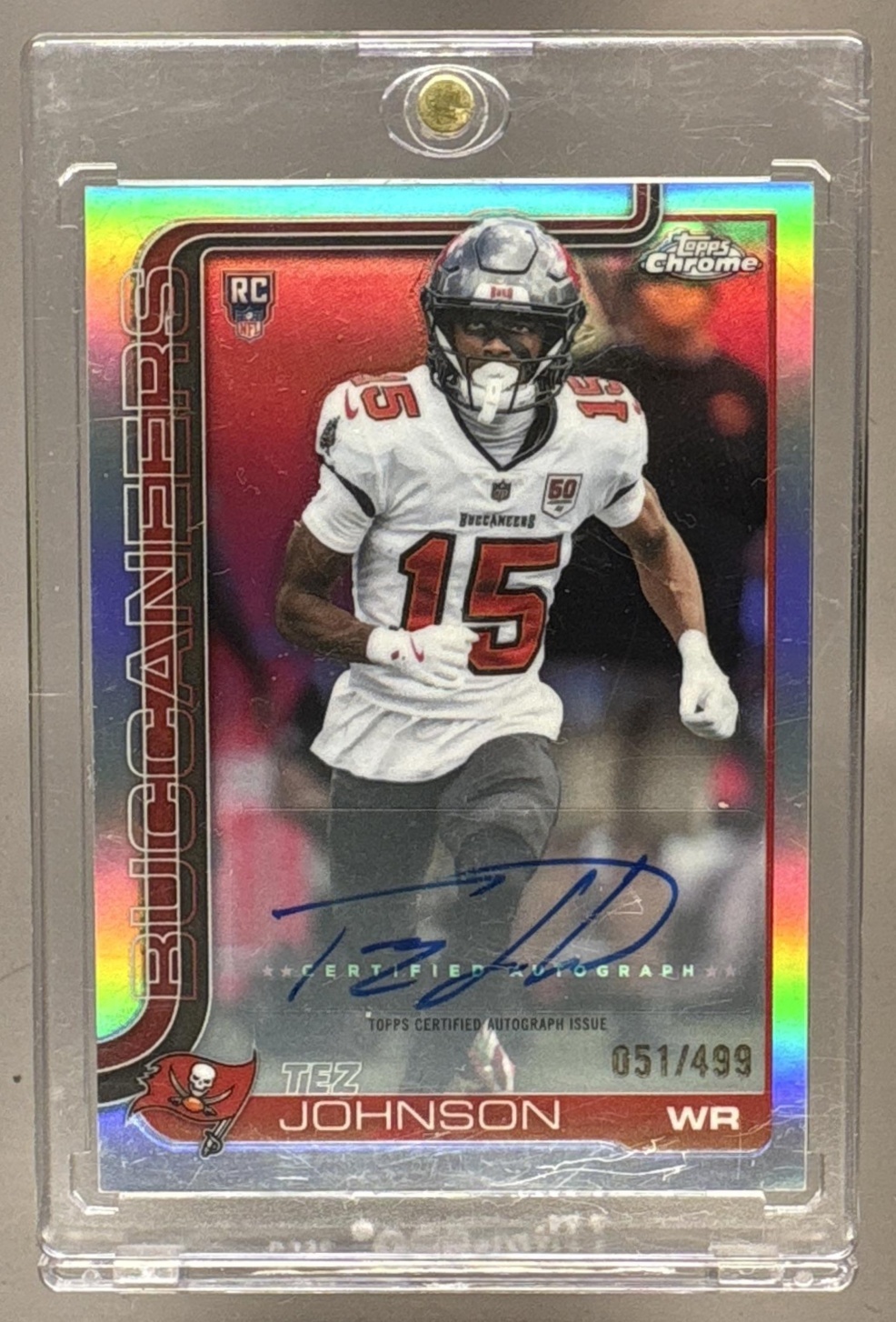 2025 TOPPS CHROME TEZ JOHNSON #RA-TJ ROOKIE AUTO REFRACTOR 51/499 RC BUCCANEERS