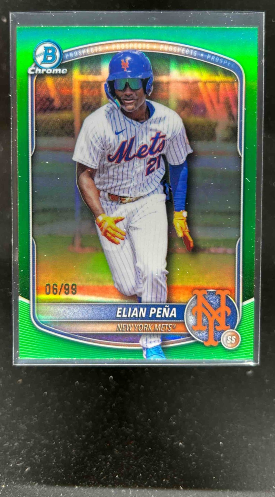 Card image for Elian Pena 2025 Bowman Baseball Draft Chrome Green Refractor /99 New York Mets
