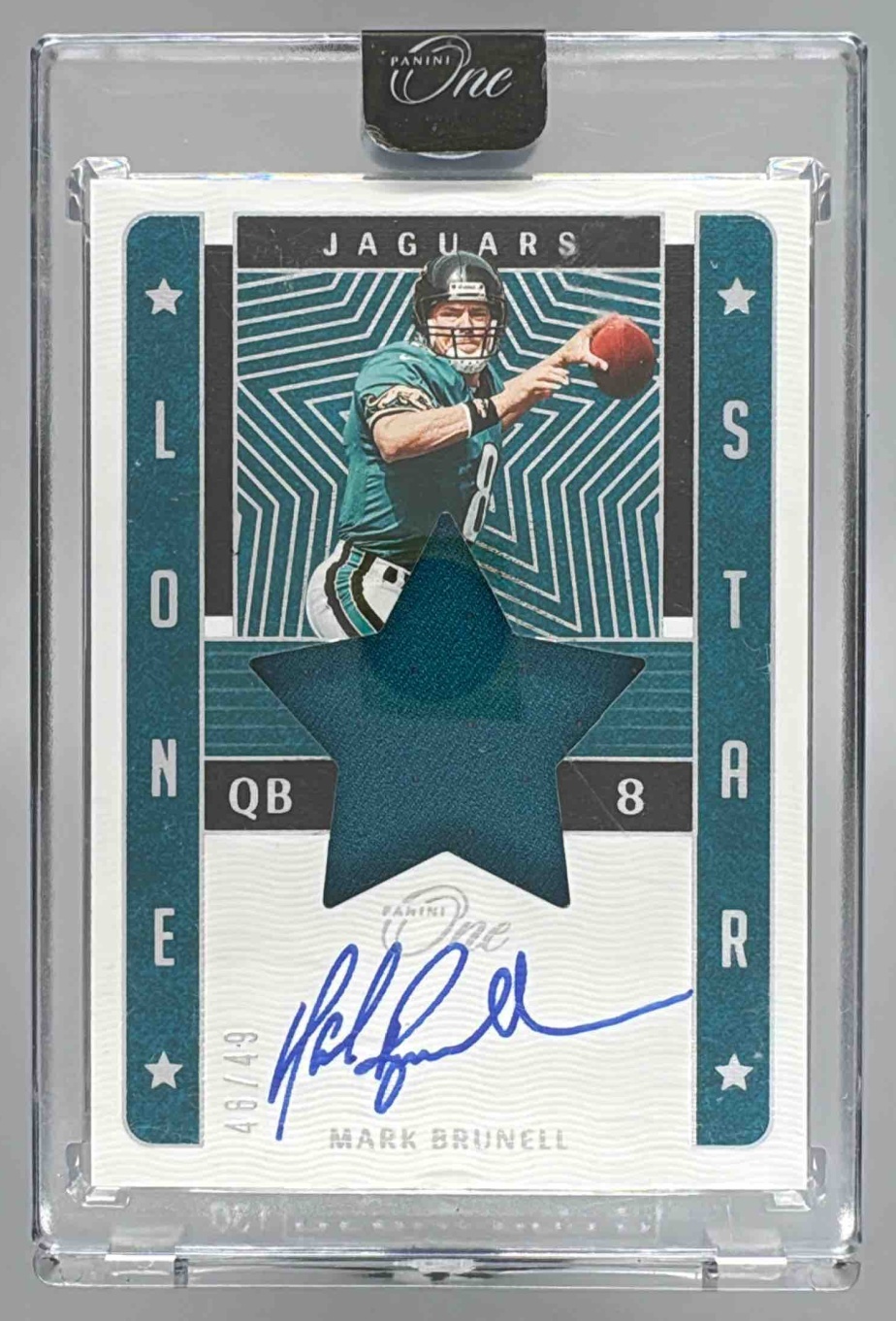 Card image for 2023 Panini One Mark Brunell Green /49 #357 The Oneders Auto Jaguars