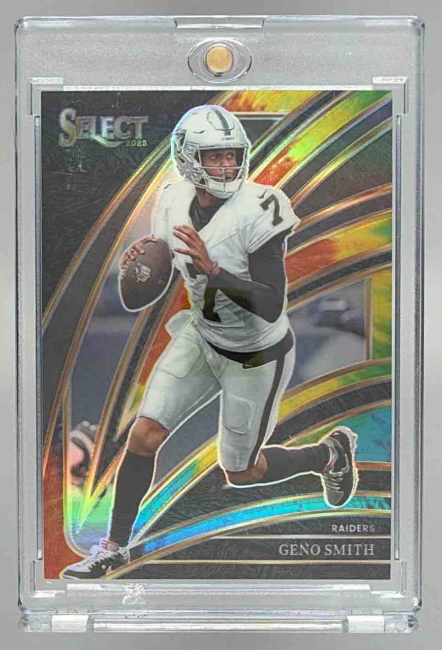 Card image for 2025 Panini Select Geno Smith Club Level Tie-Dye Shock Prizm /25 #205 Raiders