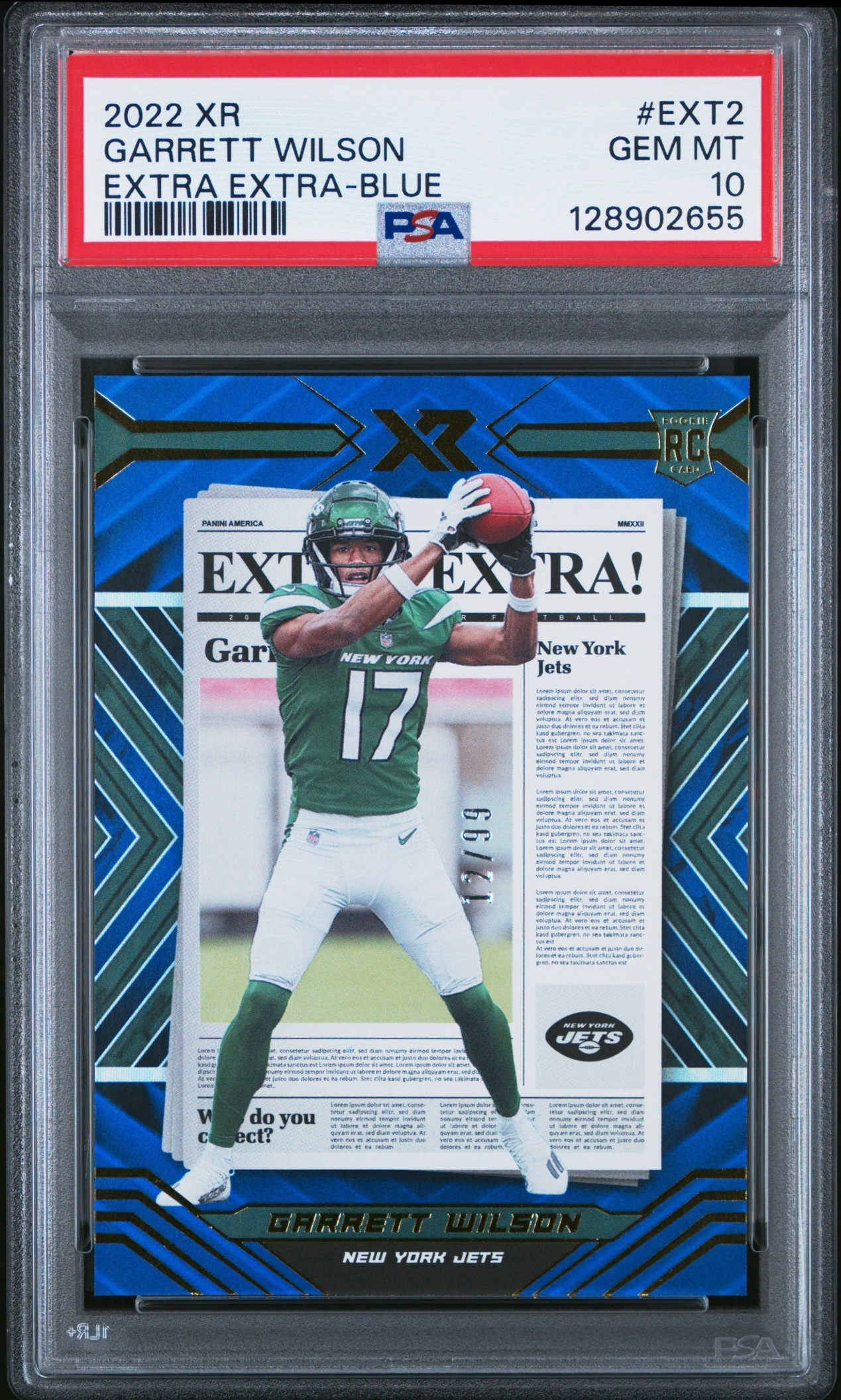 Card image for 2022 Panini Football XR Garrett Wilson Extra Blue /99 #EXT-2 RC New York Jets