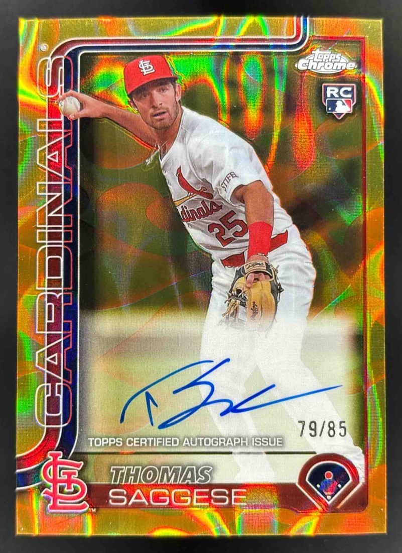 Card image for 2025 Topps Chrome Update Thomas Saggese Lava Lamp Auto Gold/Orange Refractor /85