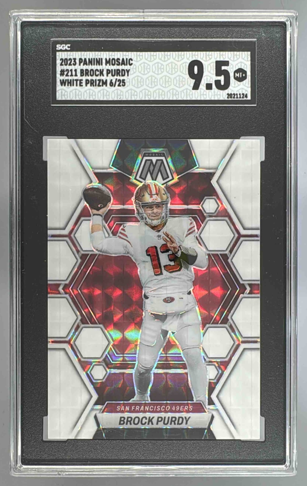 Card image for 2023 Panini Mosaic Brock Purdy White Mosaic Prizm /25 #211 49ers