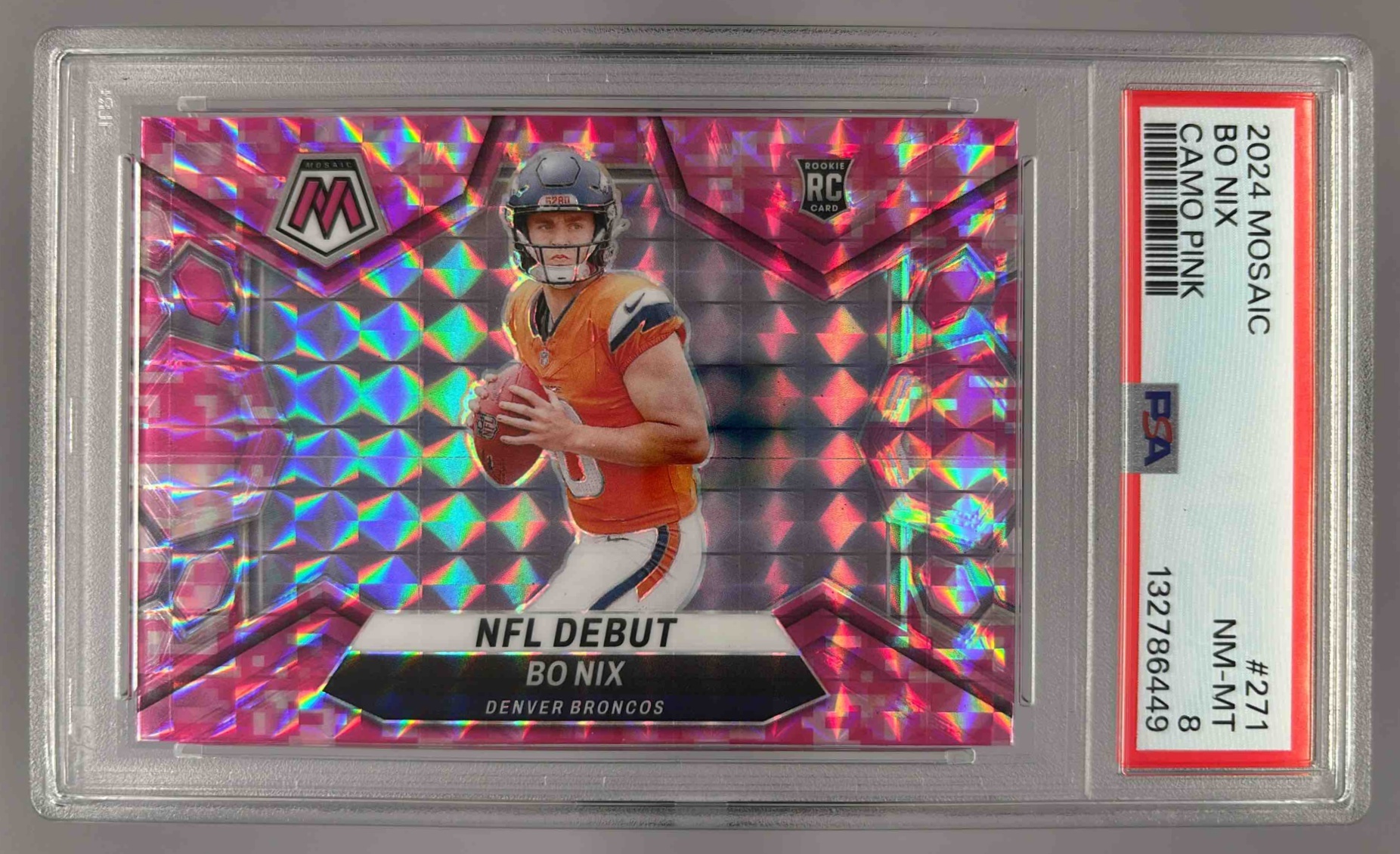 Card image for 2024 Panini Mosaic Bo Nix Camo Pink Prizm #271 RC NFL Debut Broncos