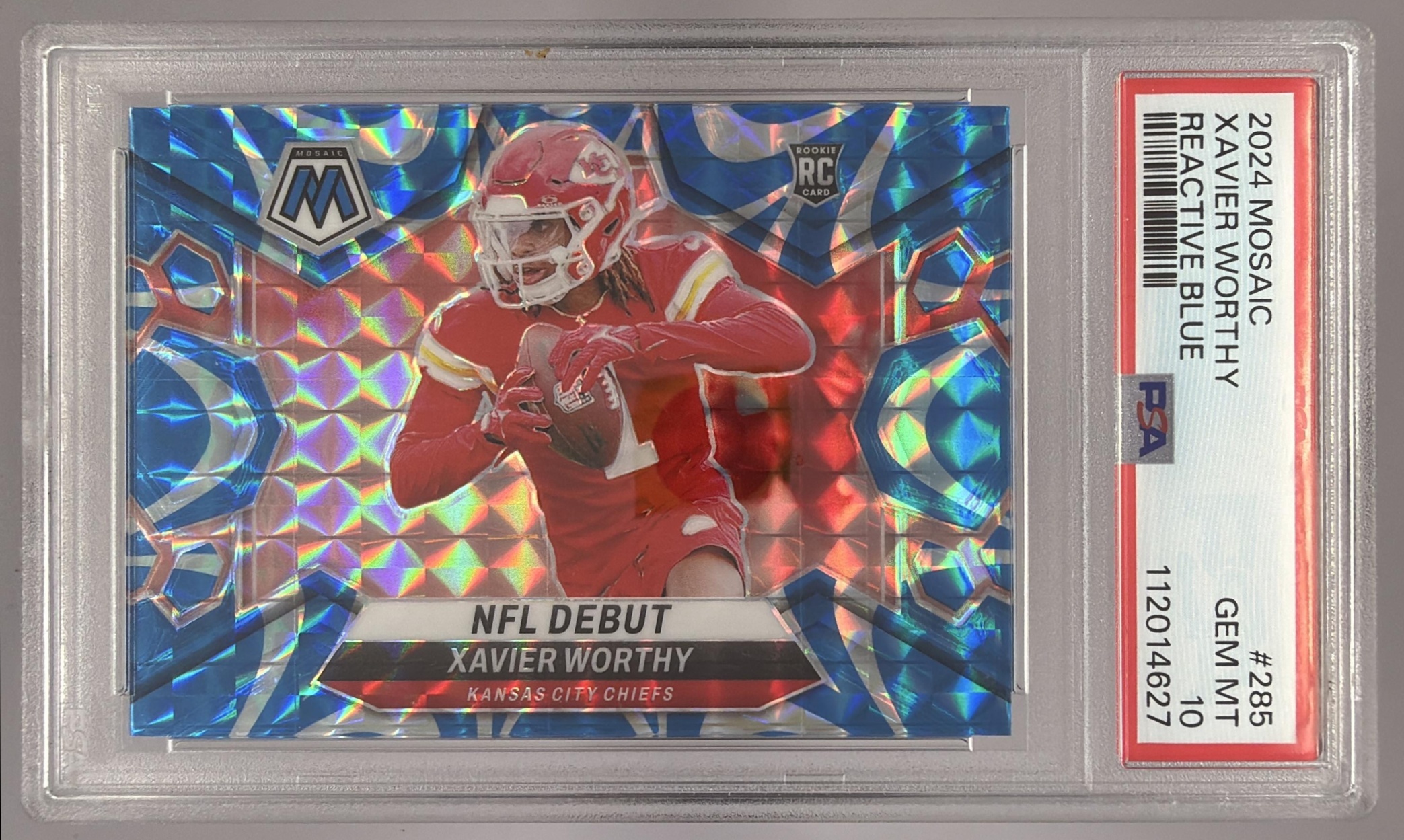 Card image for 2024 Panini Mosaic Xavier Worthy Reactive Blue Prizm #285 RC NFL Debut Chiefs
