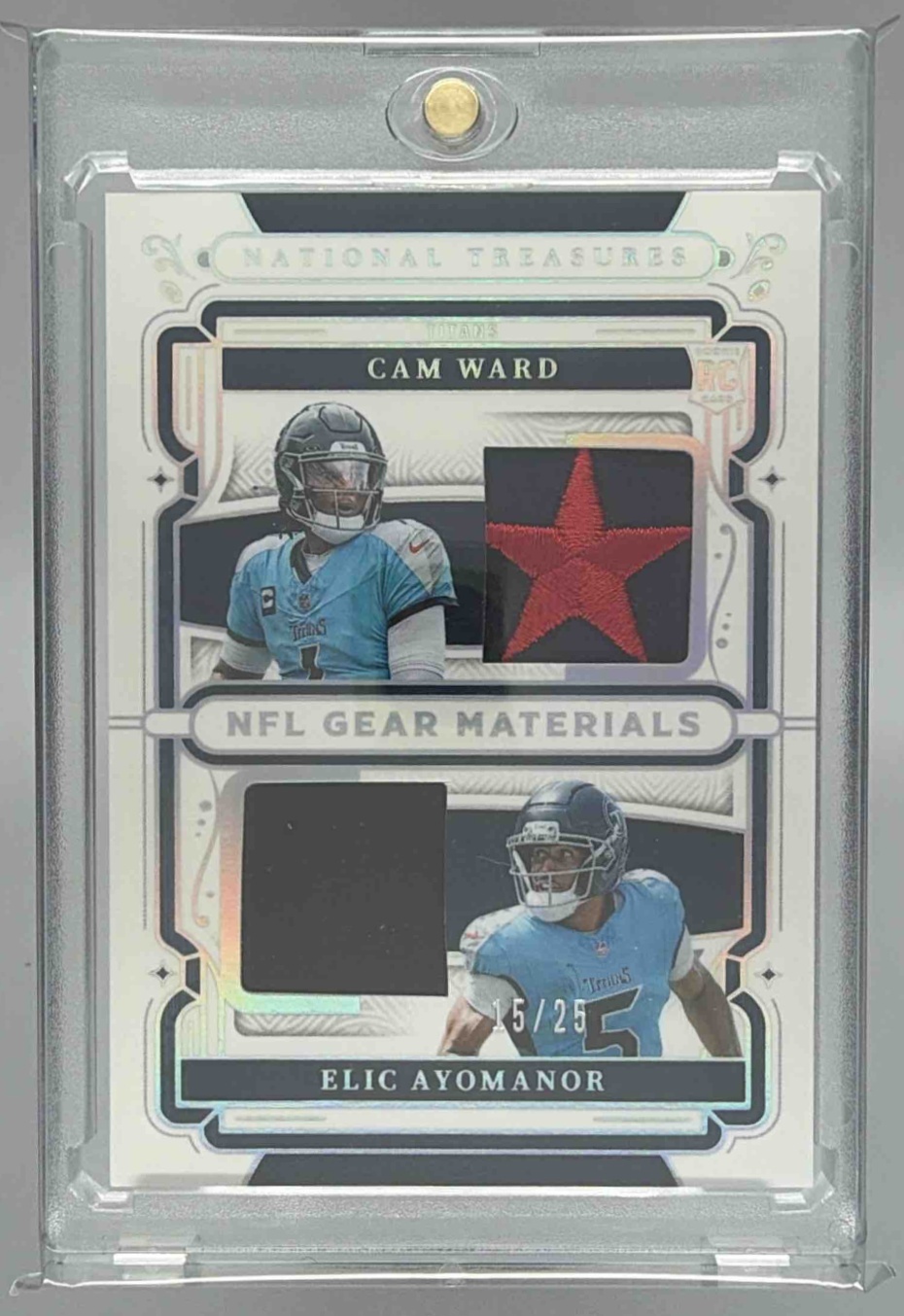 Card image for 2025 Panini National Treasures Cam Ward NFL Game Gear Holo Silver /25 #GGR-CWD Titans