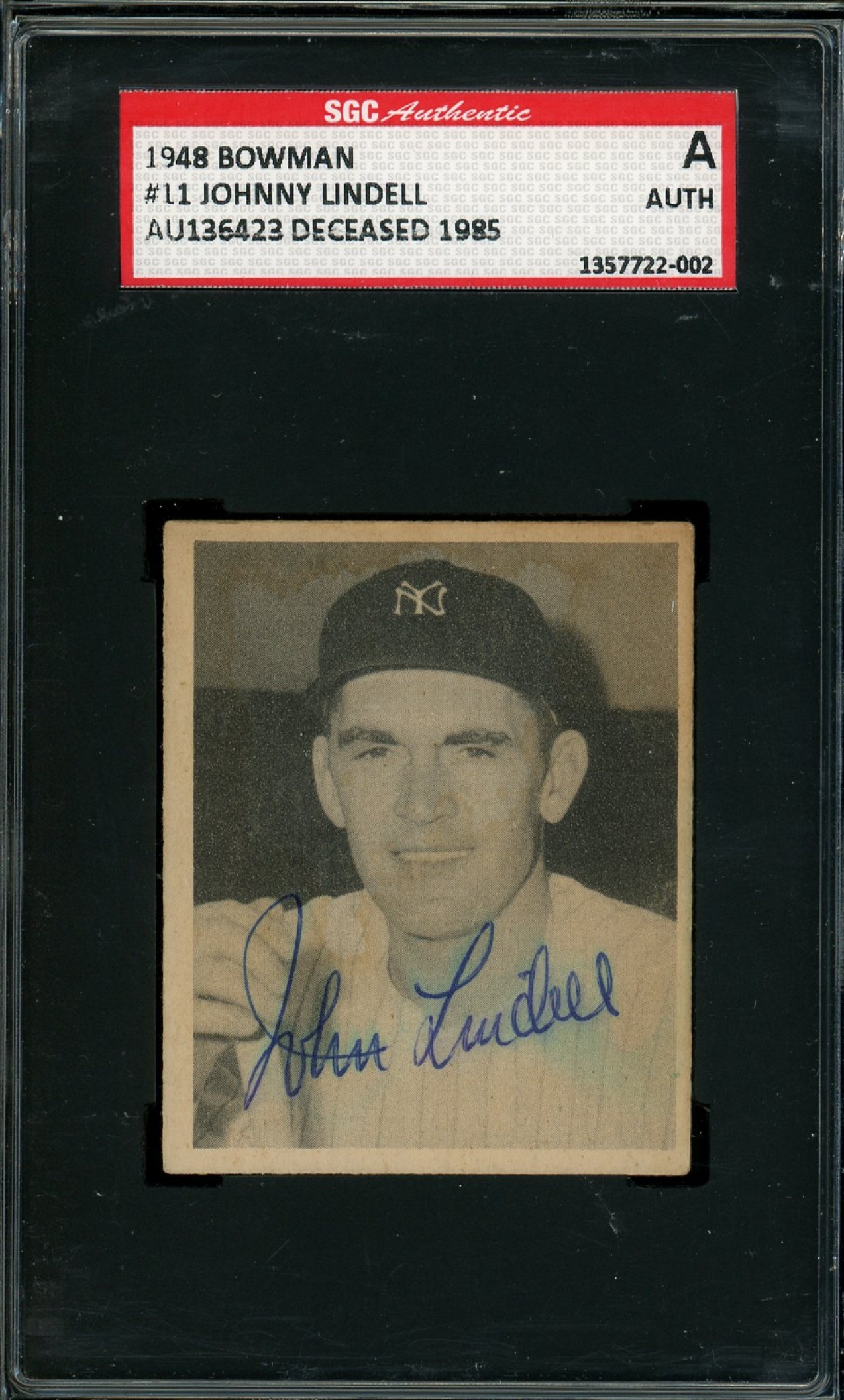 1948 Bowman Baseball Johnny Lindell #11 RC New York Yankees SGC Authentic Auto