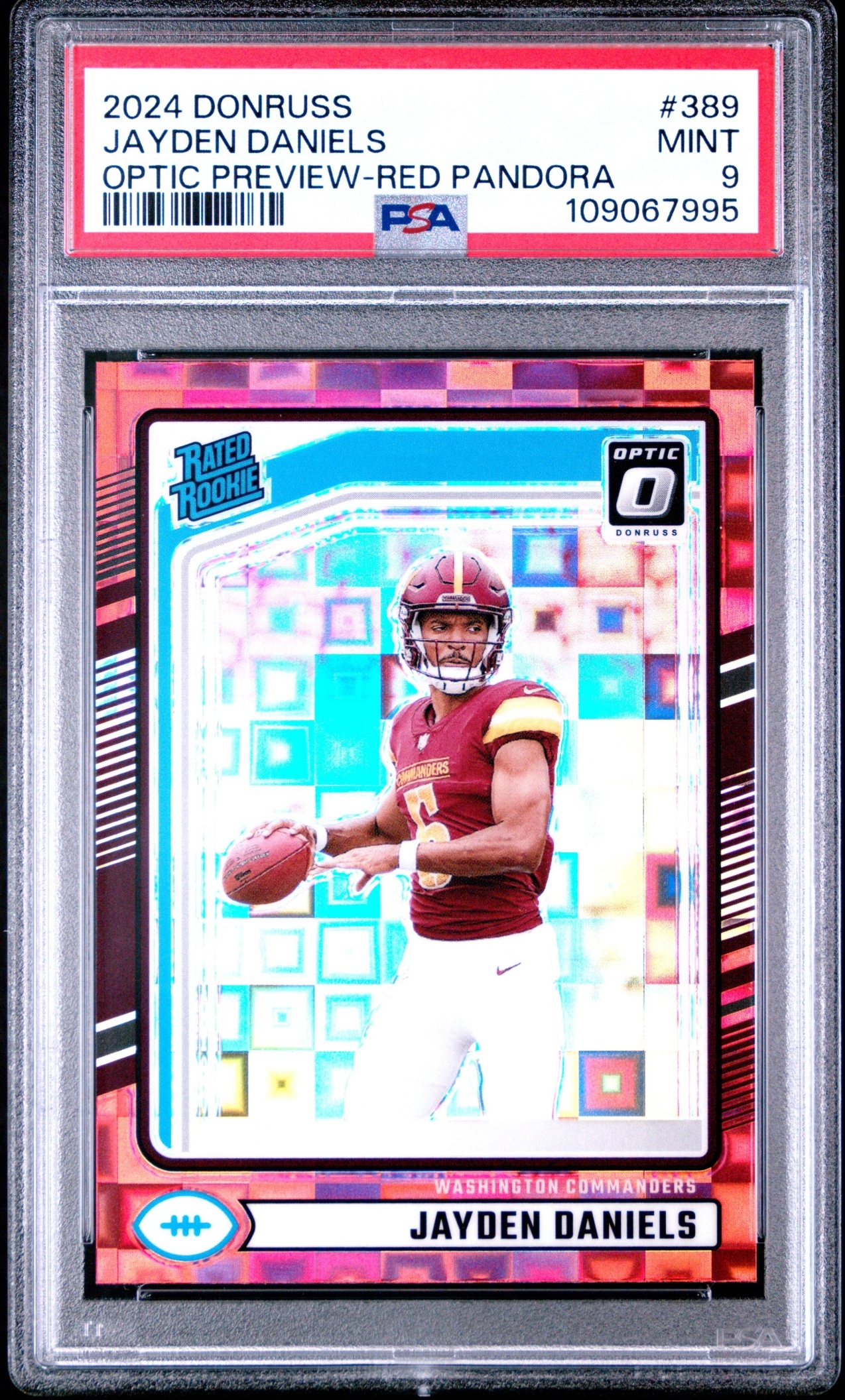 Card image for 2024 Panini Donruss Jayden Daniels Optic Rated Rookie Preview Red Pandora #389 Commanders