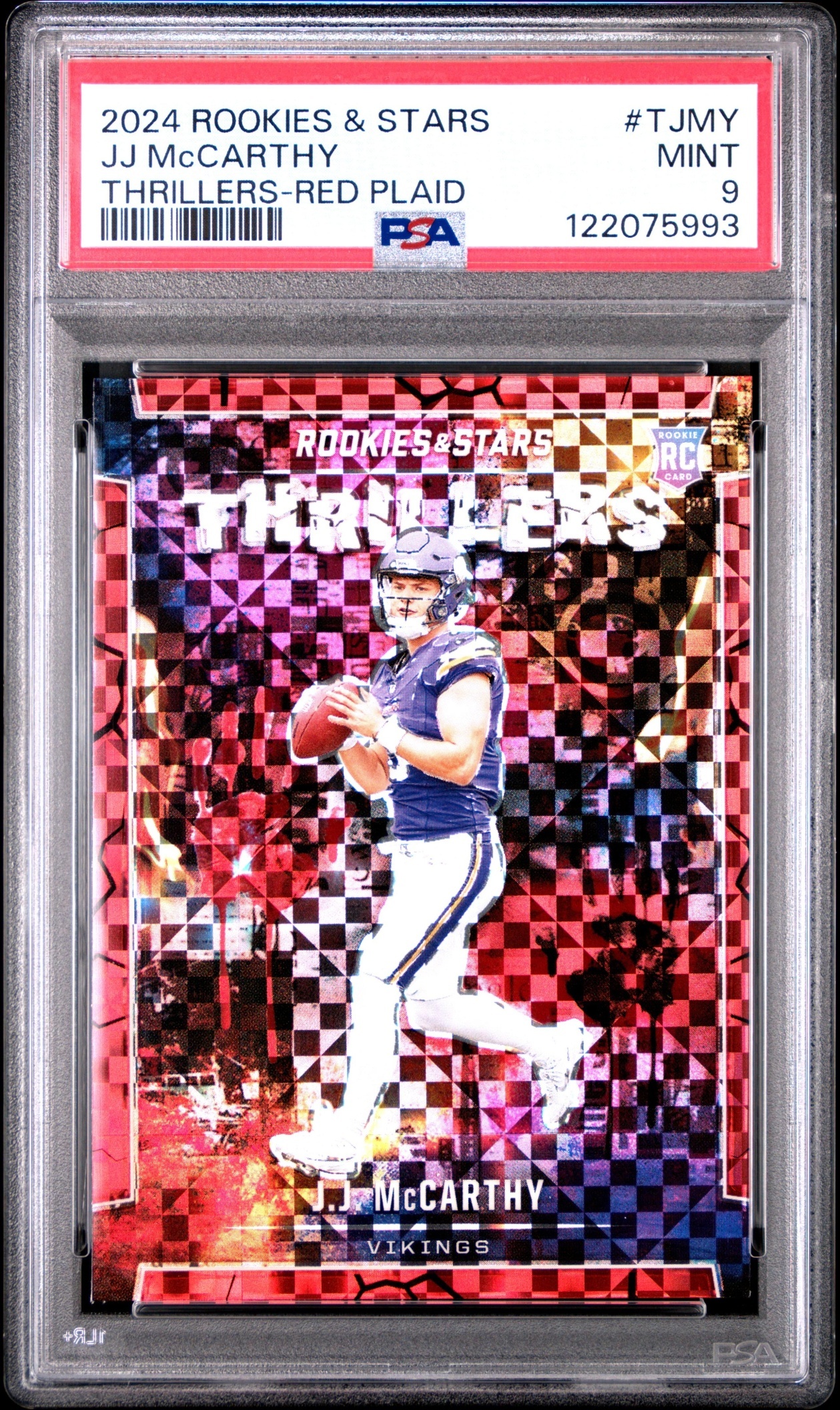 Card image for 2024 Panini Rookies & Stars J.J. McCarthy Thrillers Red Plaid #T-JMY RC Vikings