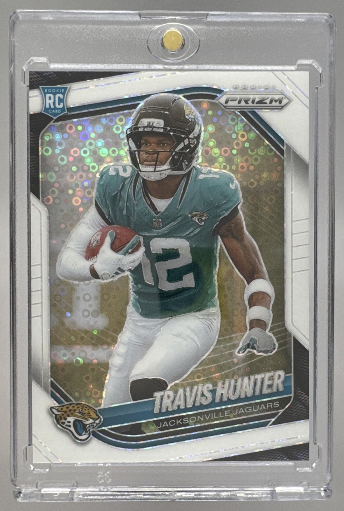 Card image for 2025 Panini Prizm Travis Hunter Choice Blue Yellow & Green #301 RC Jaguars