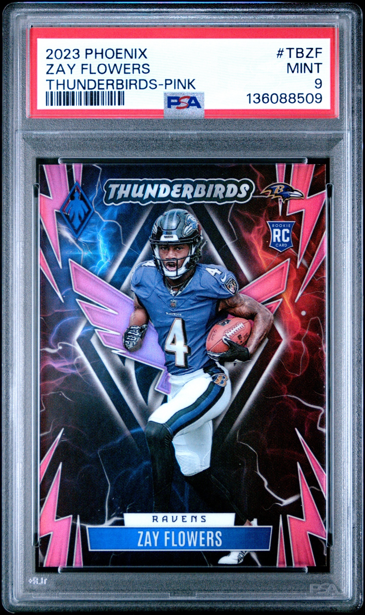 Card image for 2023 Panini Phoenix Zay Flowers Thunderbirds Pink /175 #TB-ZF RC Ravens