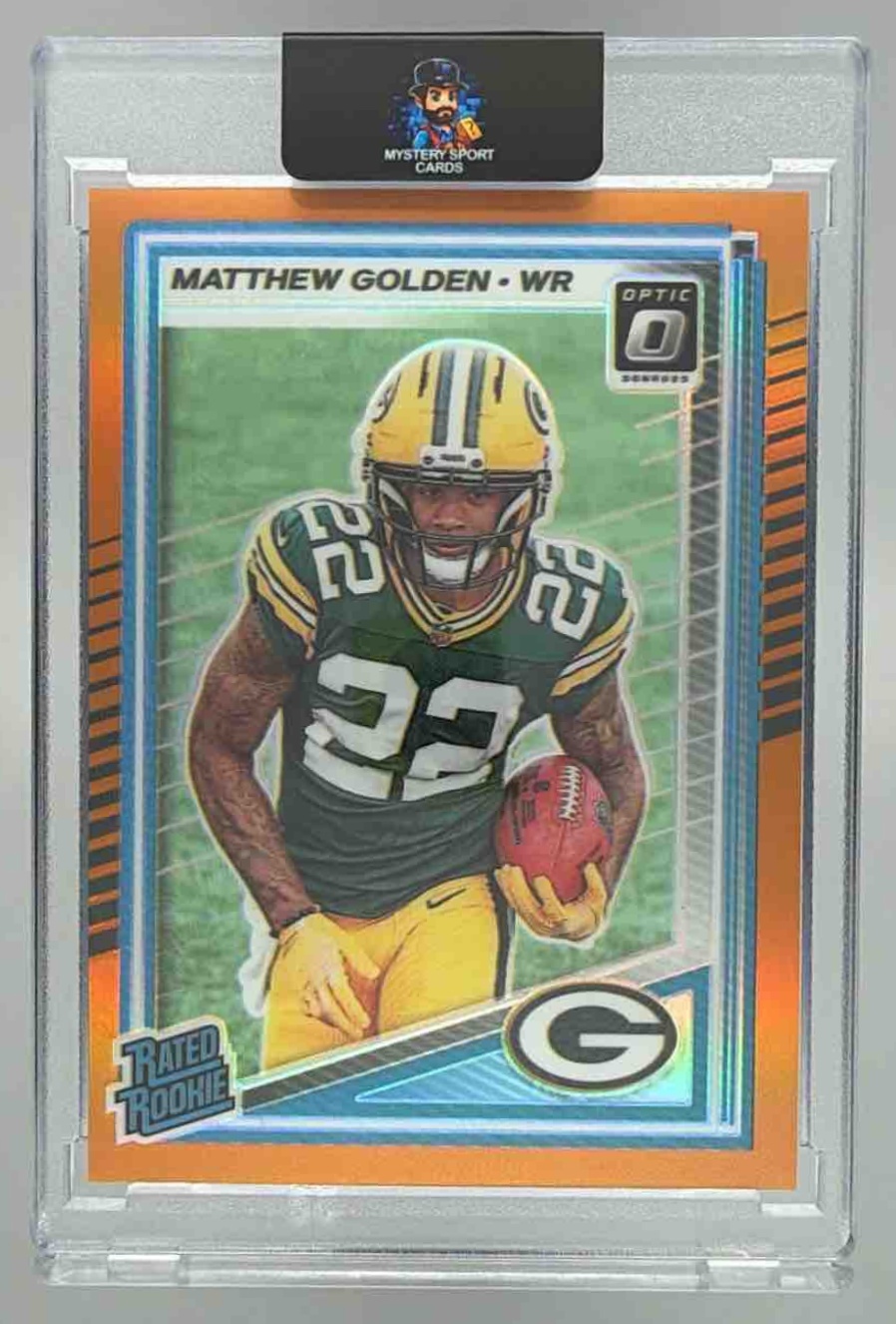 Card image for 2025 Panini Donruss Optic Matthew Golden Rated Rookie Orange Prizm /299 #205 Packers