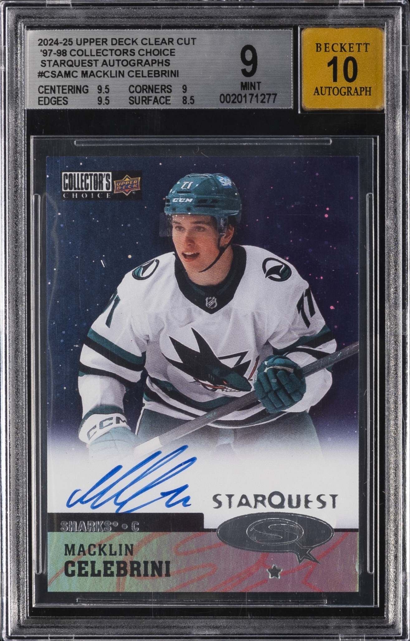 2024 Upper Deck Clear Cut Macklin Celebrini 1997-98 Starquest Auto 10 BGS 9