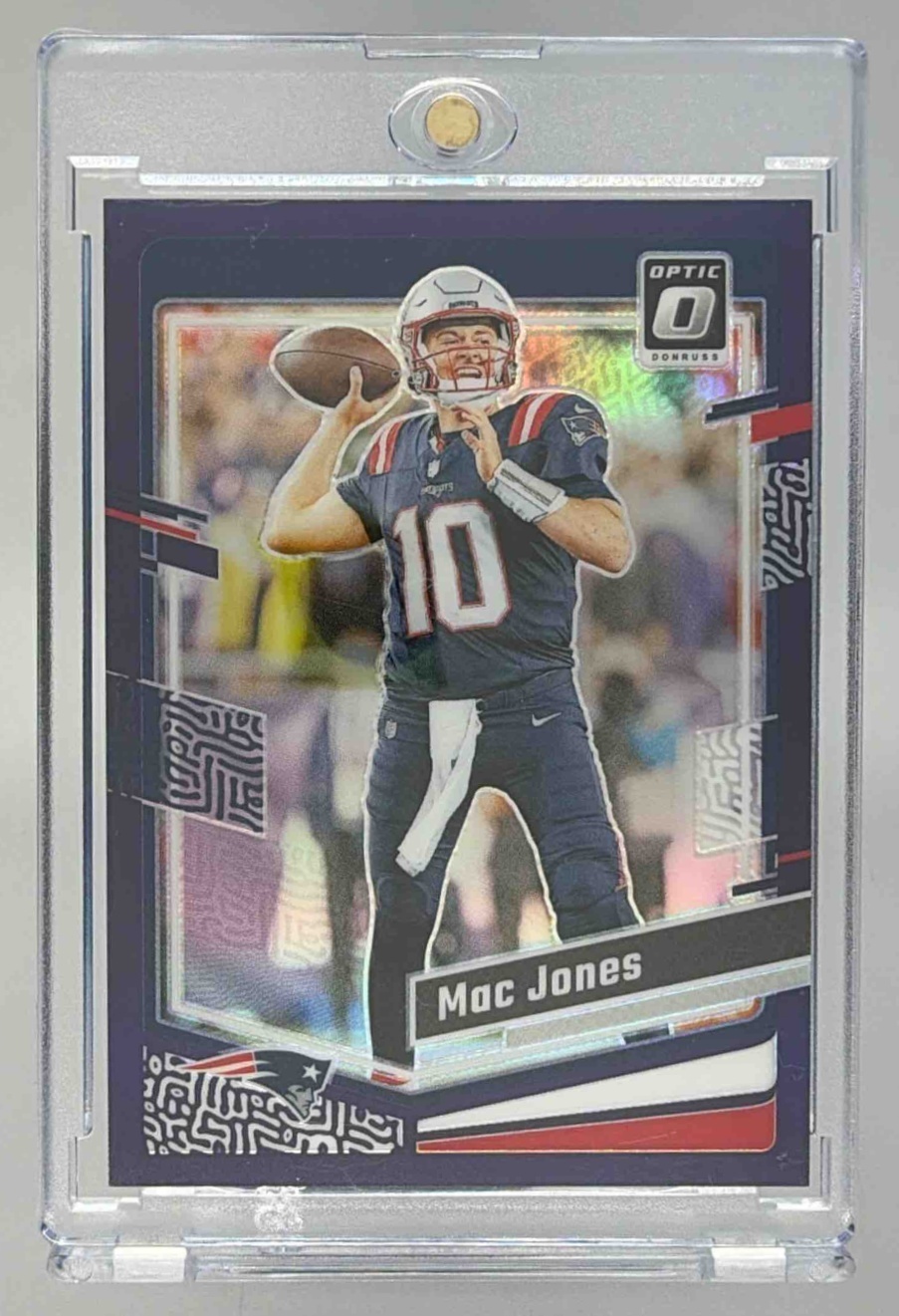 Card image for 2023 Panini Donruss Optic Mac Jones Purple Prizm /50 #130 Patriots