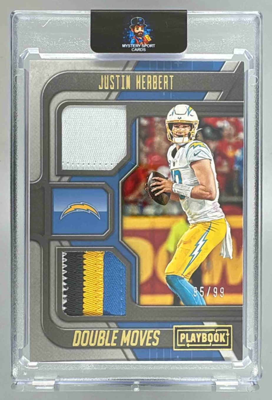 Card image for 2022 Panini Playbook Justin Herbert Double Moves Gold /99 #DM-8 Chargers