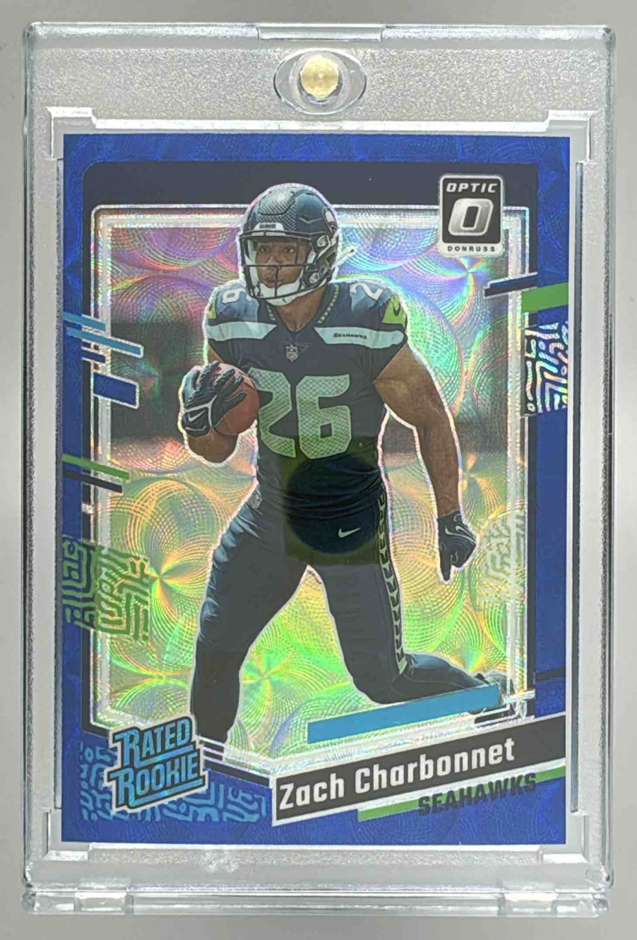 Card image for 2023 Panini Donruss Optic Zach Charbonnet Blue Scope Prizm #294 RC Rated Rookie Seahawks