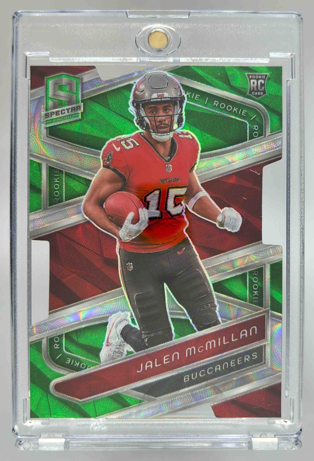 Card image for 2024 Panini Spectra Jalen McMillan Rookies Neon Green Die-Cut /30 #138 RC Buccaneers